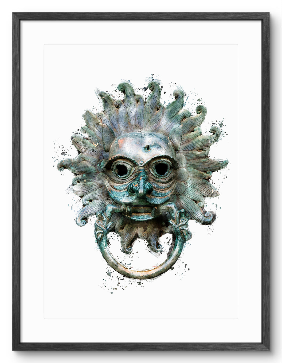 Sanctuary Knocker, portrait digital watercolour shown in a black frame and white mount