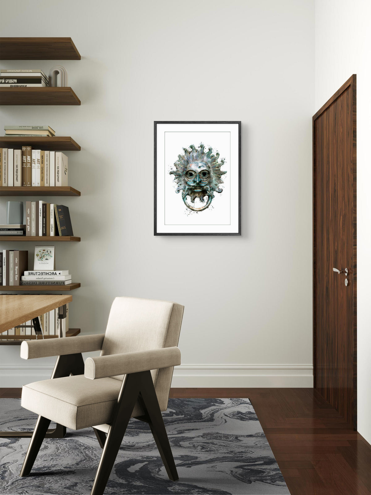 Sanctuary Knocker, portrait digital watercolour displayed in a room mockup