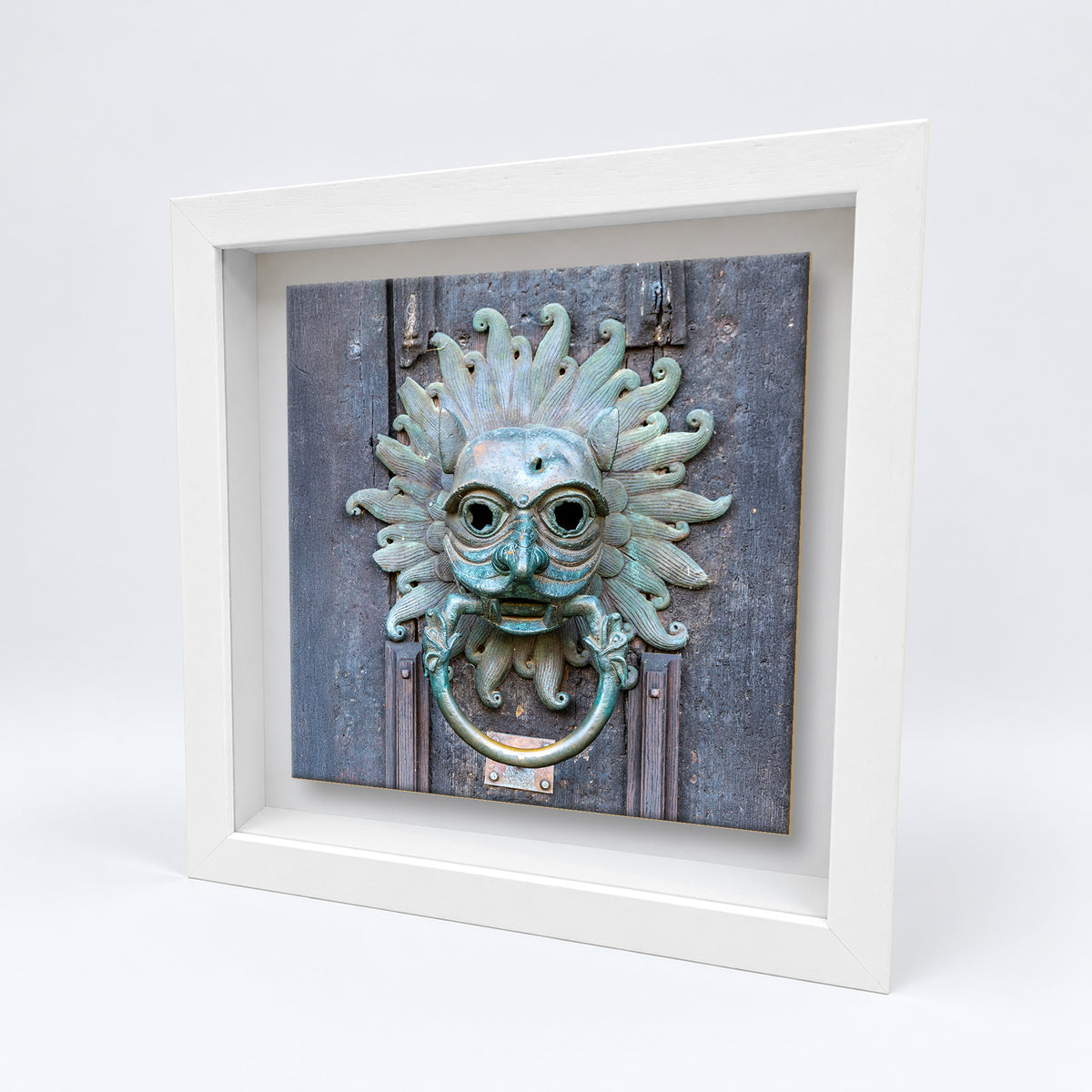 Durham Cathedral Sanctuary Knocker on an 8×8 inch ceramic tile in a white box frame, angled view