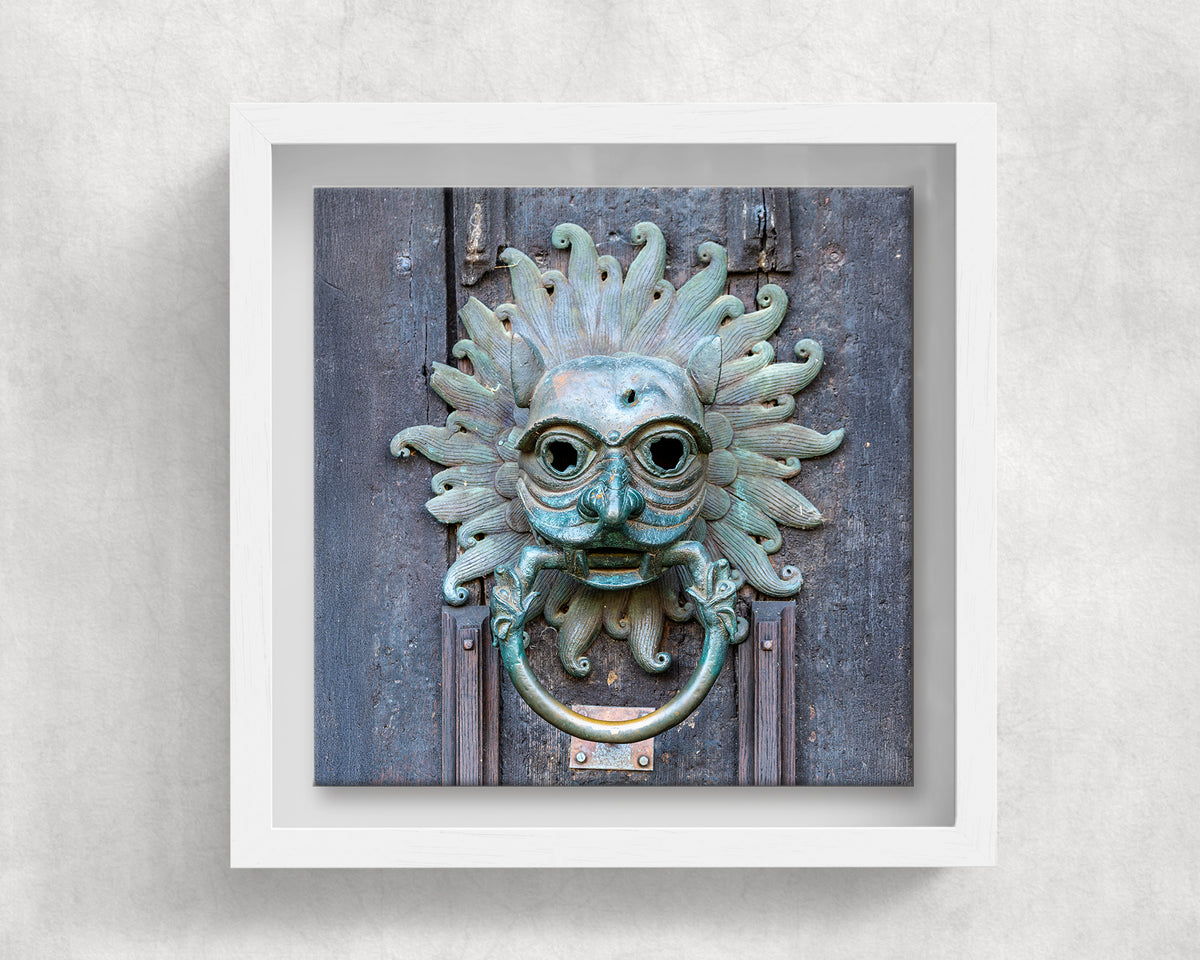 Durham Cathedral Sanctuary Knocker on an 8×8 inch ceramic tile in a white box frame, front view