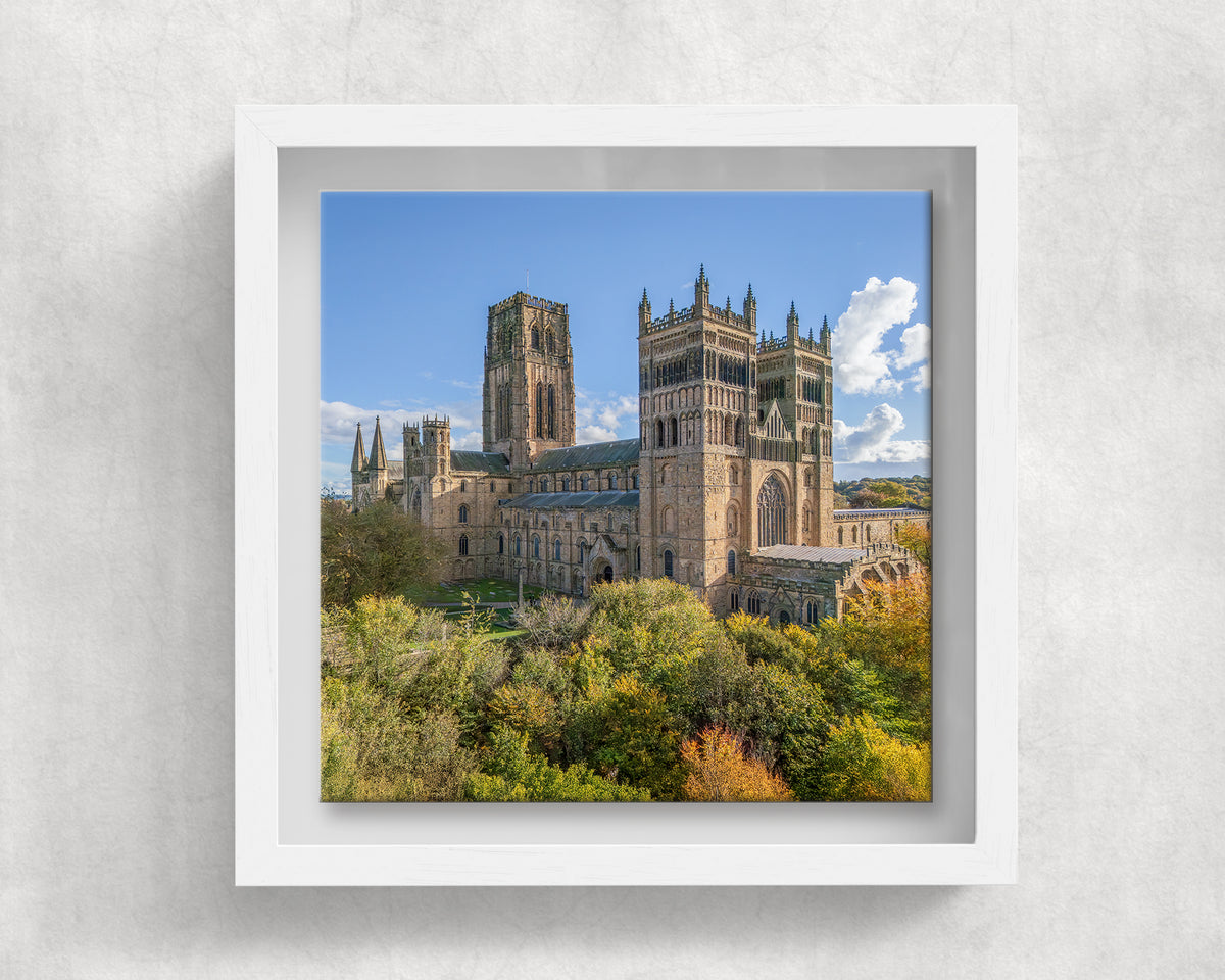 Durham Cathedral ceramic tile in a white solid wood box frame, front view