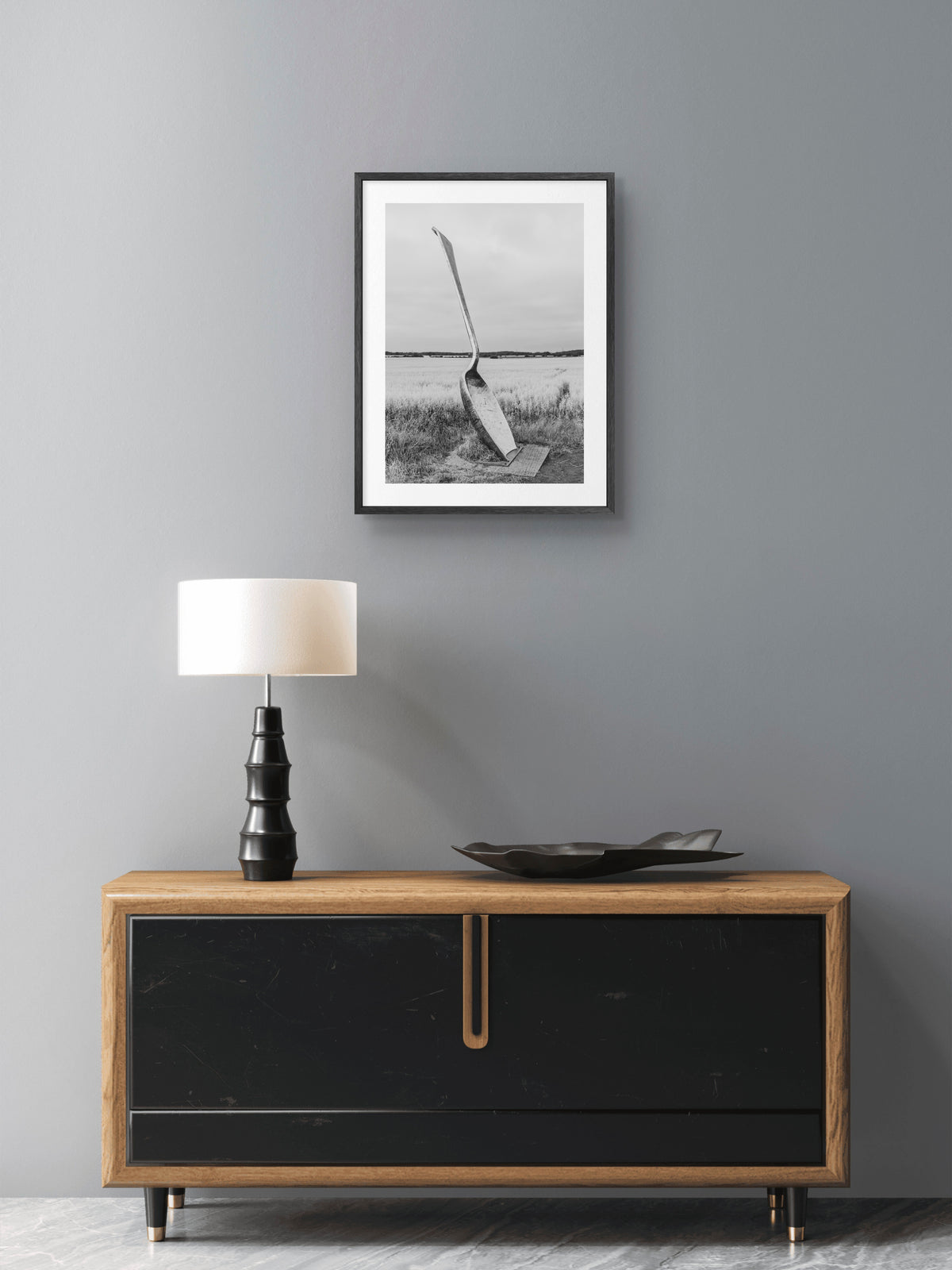 Eat for England Giant Spoon Black & White Portrait — framed artwork shown in a room