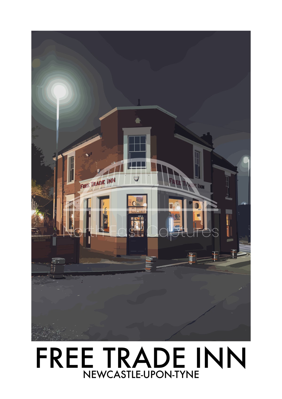 Free Trade Inn Newcastle at Night vector artwork with landmark lettering and preview watermark
