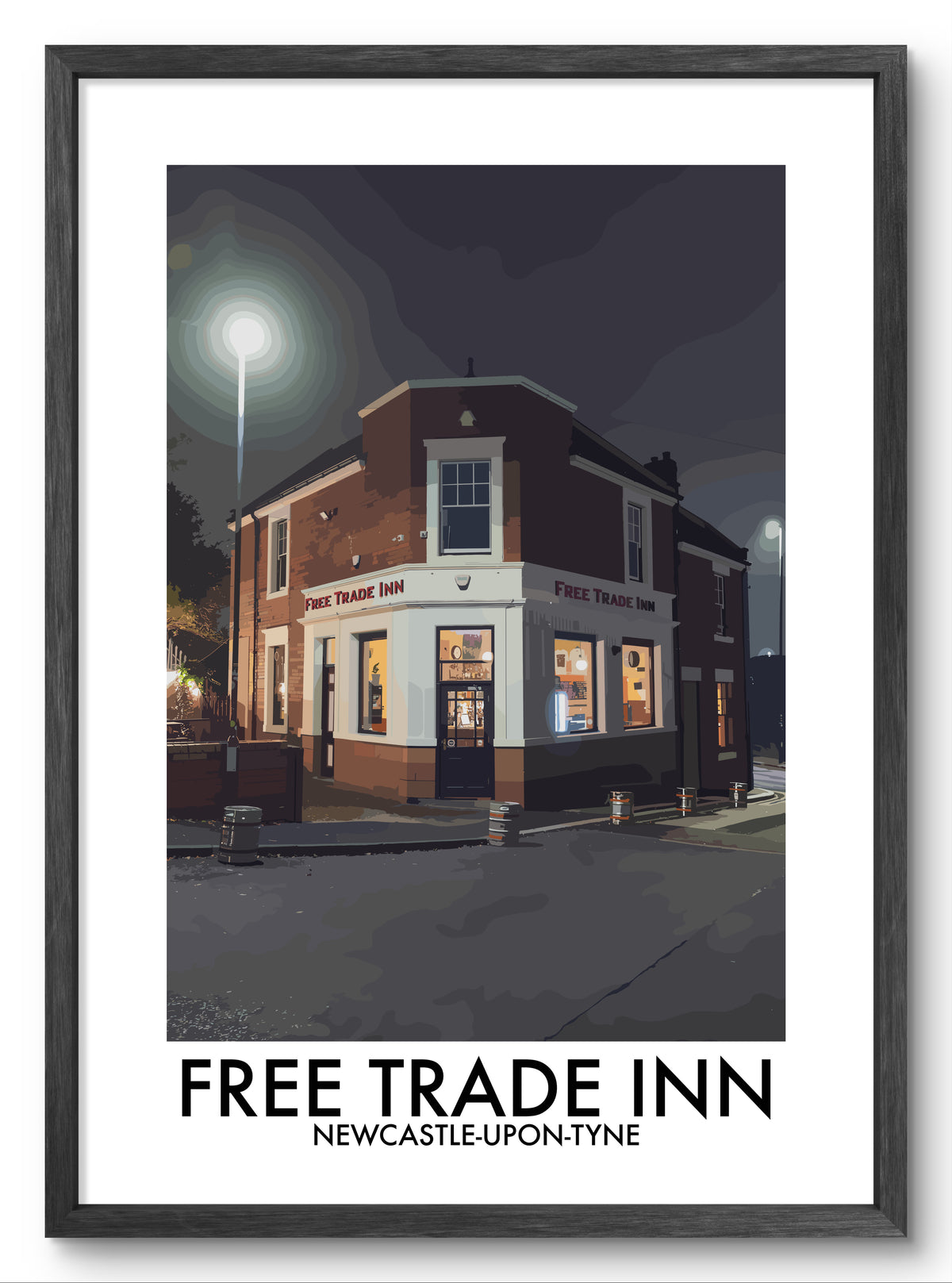 Free Trade Inn Newcastle at Night vector art print shown in a black frame