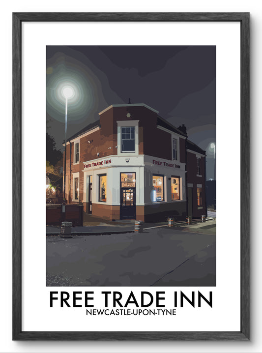 Free Trade Inn Newcastle at Night vector art print shown in a black frame