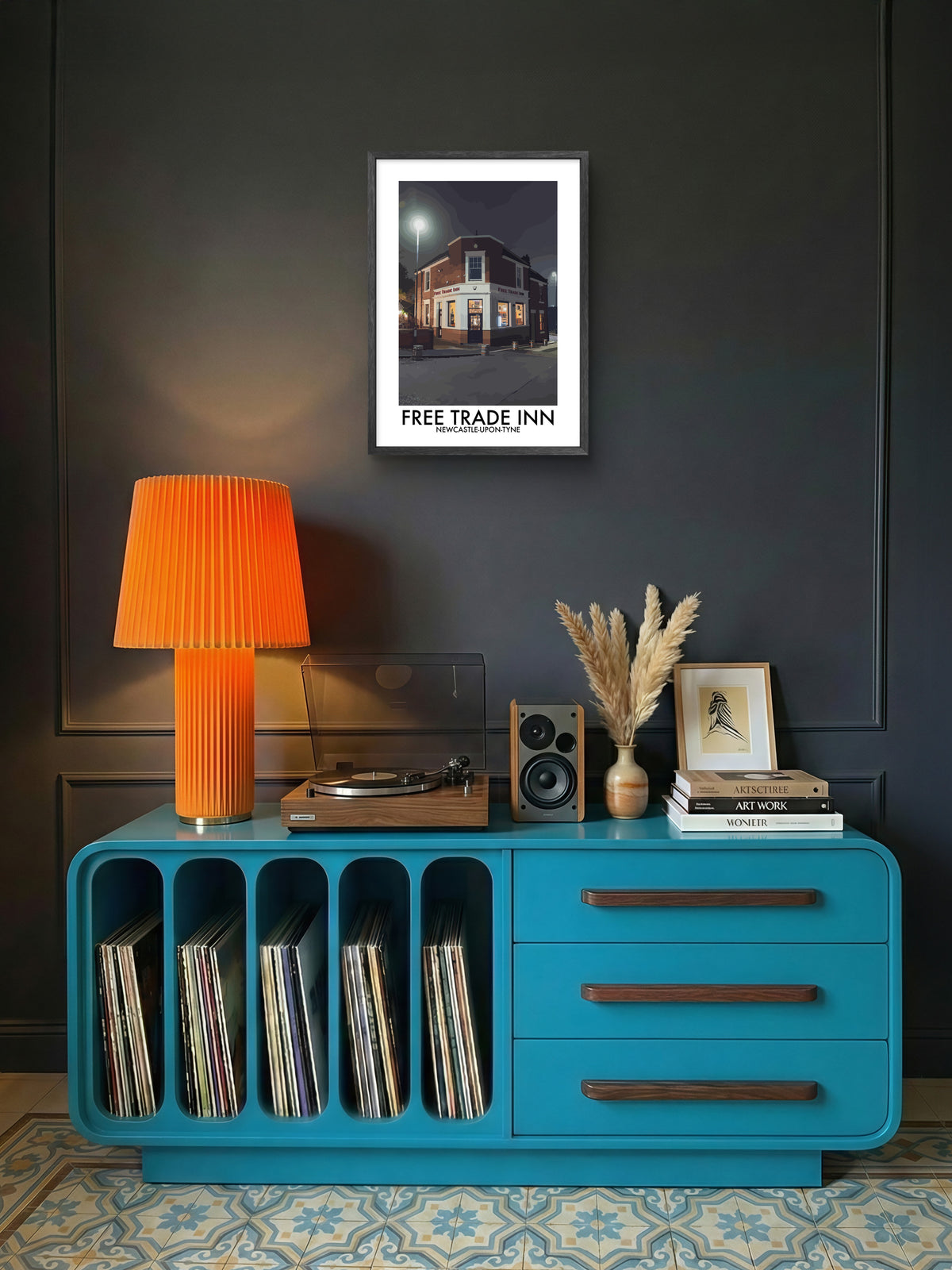 Free Trade Inn Newcastle at Night framed vector art print displayed in a room setting