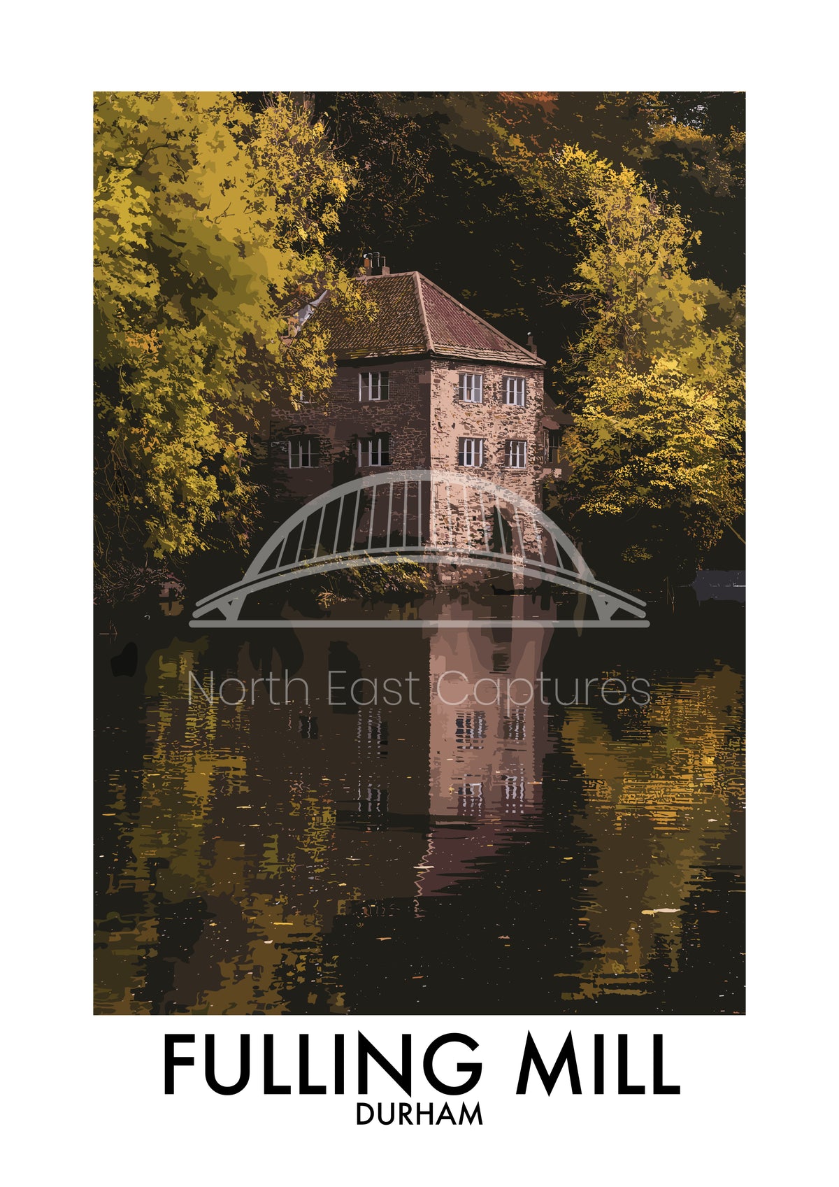 Fulling Mill Durham Autumn Reflection vector artwork with landmark lettering and preview watermark