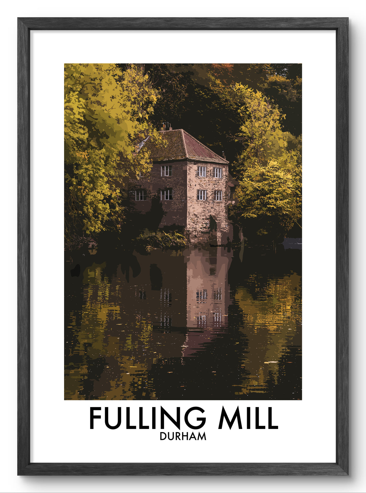 Fulling Mill Durham Autumn Reflection vector art print shown in a black frame