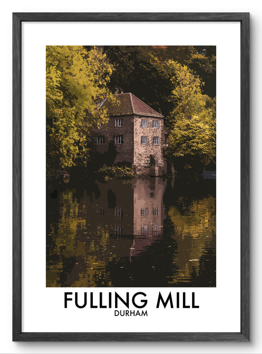 Fulling Mill Durham Autumn Reflection vector art print shown in a black frame