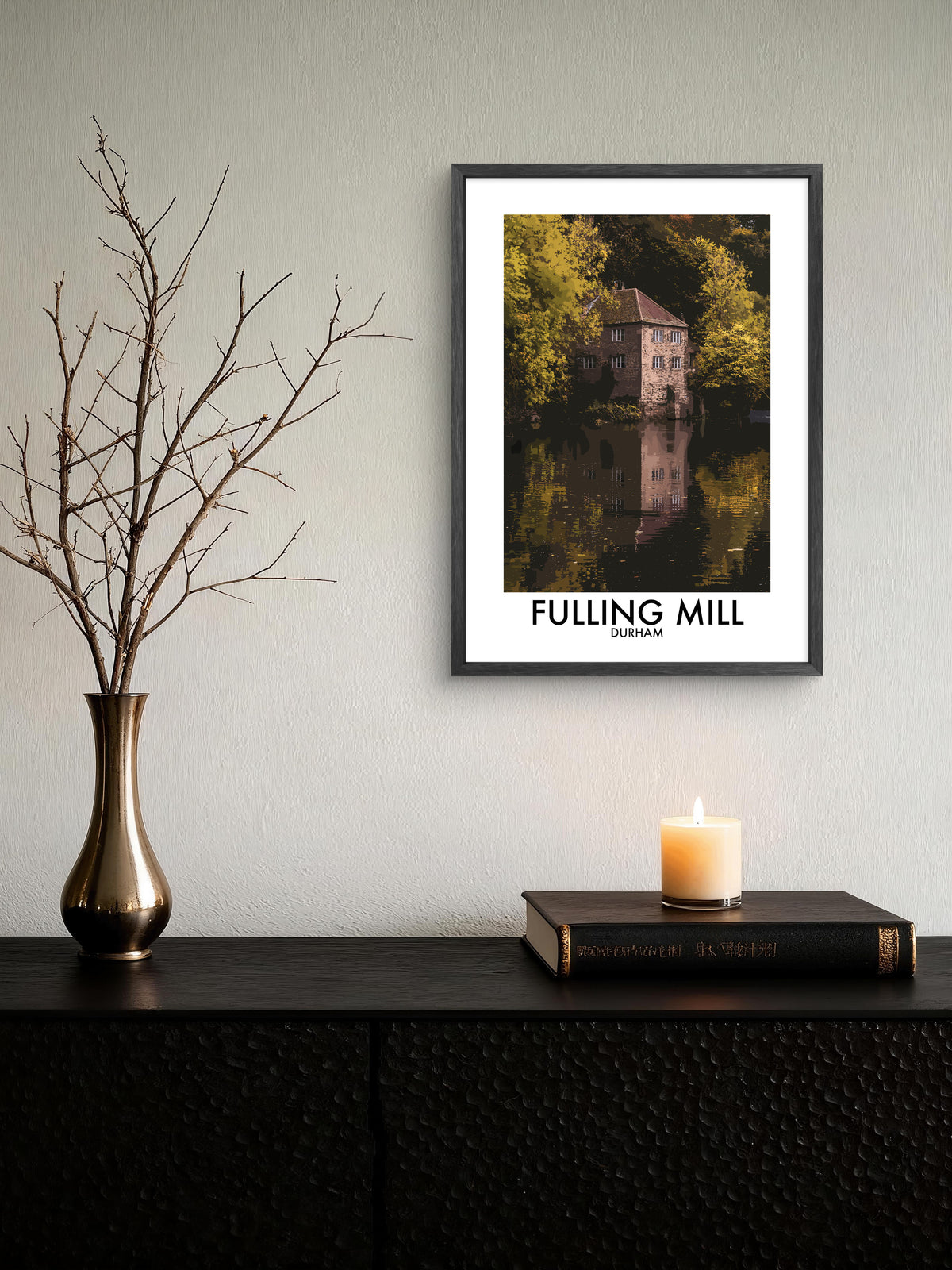 Fulling Mill Durham Autumn Reflection framed vector art print displayed in a room setting