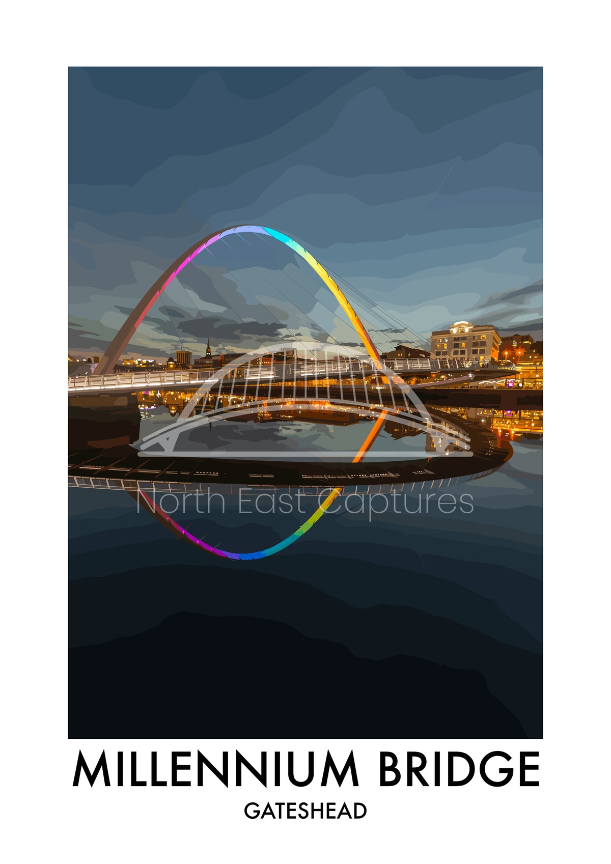 Gateshead Millennium Bridge Rainbow Lights vector artwork with landmark lettering and preview watermark