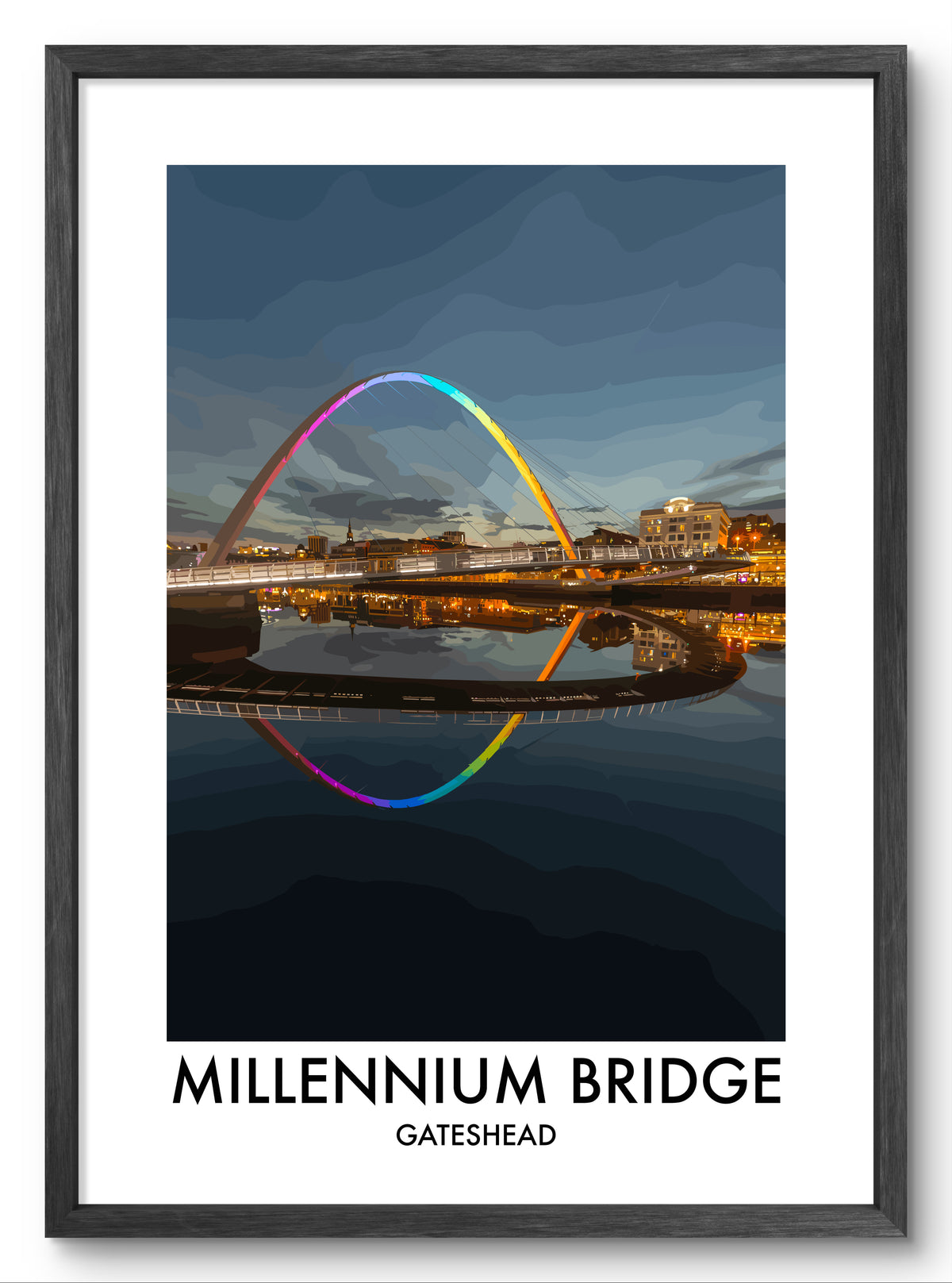 Gateshead Millennium Bridge Rainbow Lights vector art print shown in a black frame