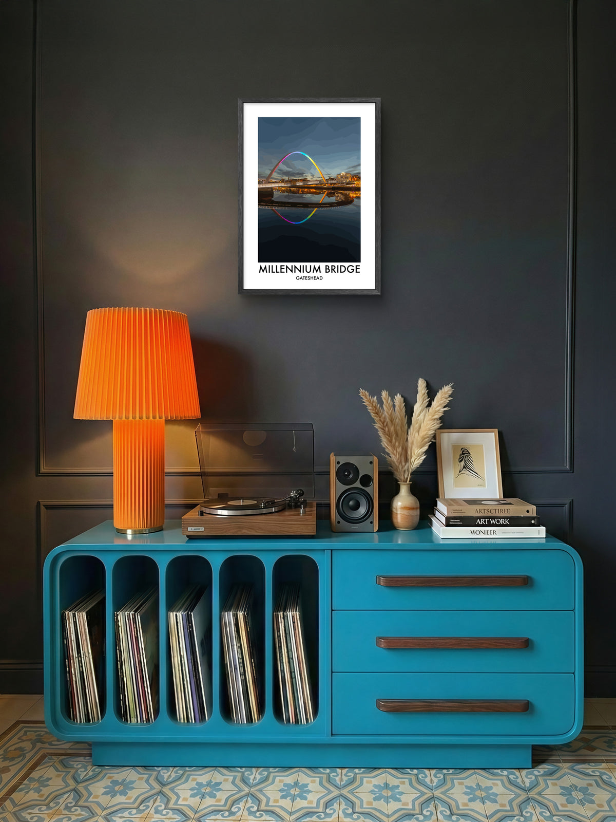 Gateshead Millennium Bridge Rainbow Lights framed vector art print displayed in a room setting