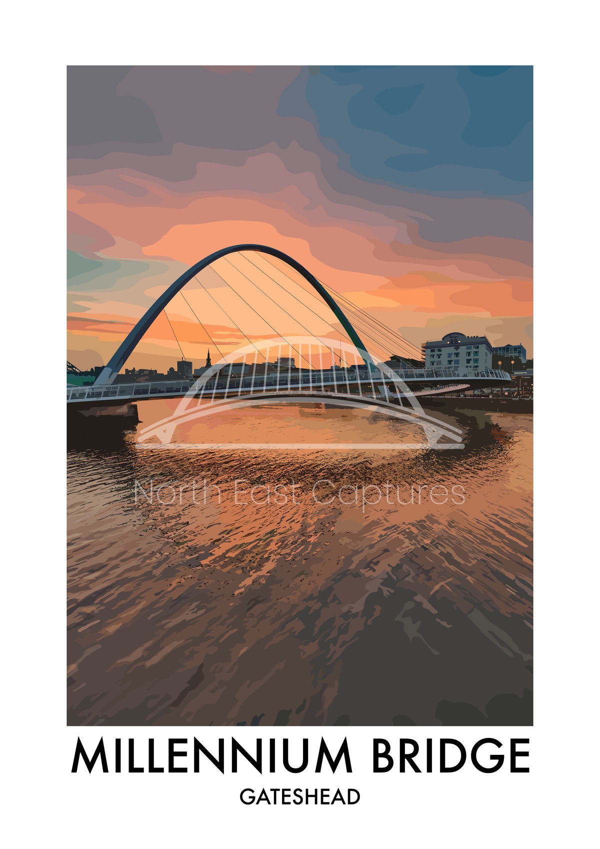 Gateshead Millennium Bridge Warm Sky vector artwork with landmark lettering and preview watermark