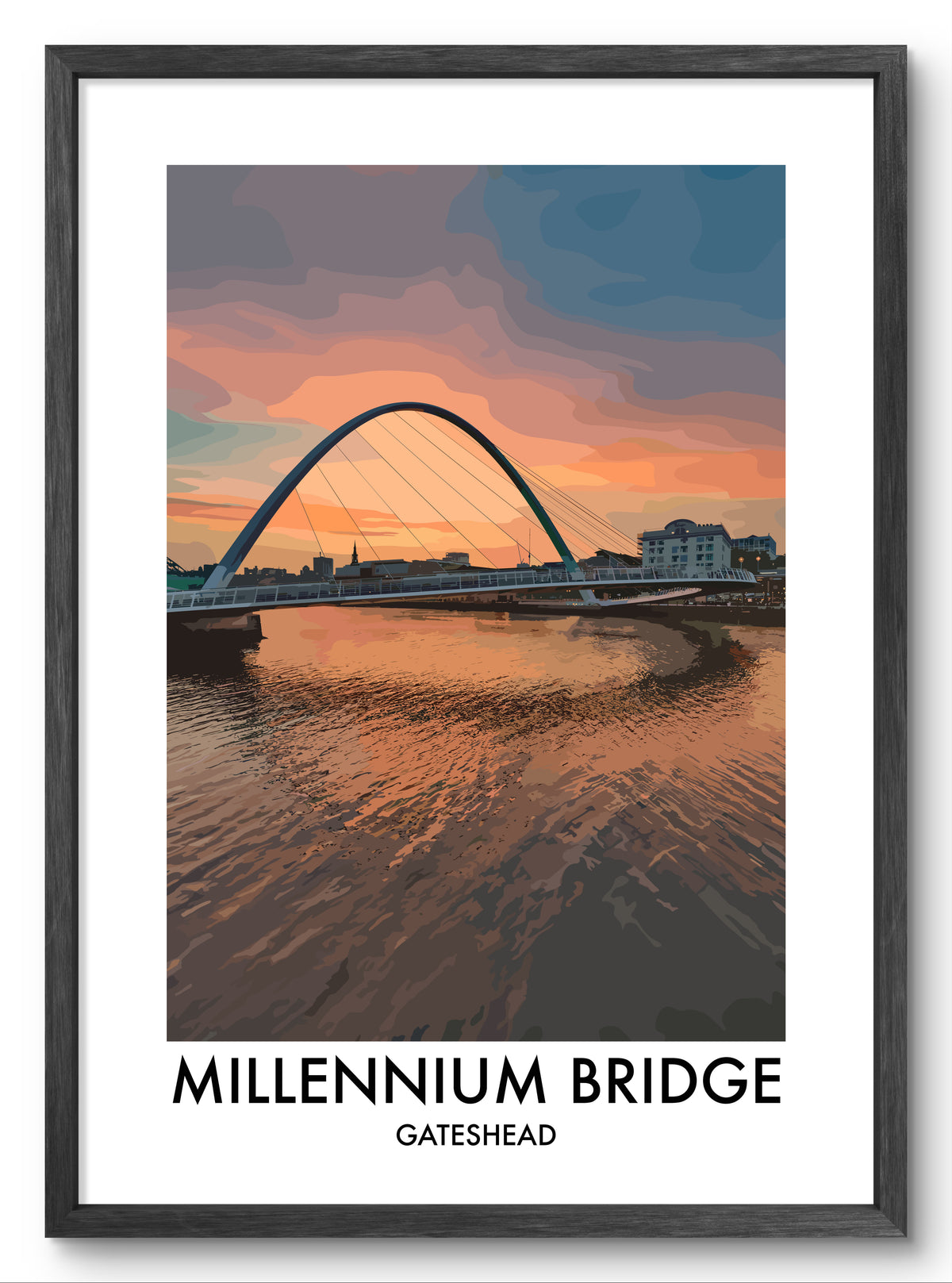 Gateshead Millennium Bridge Warm Sky vector art print shown in a black frame