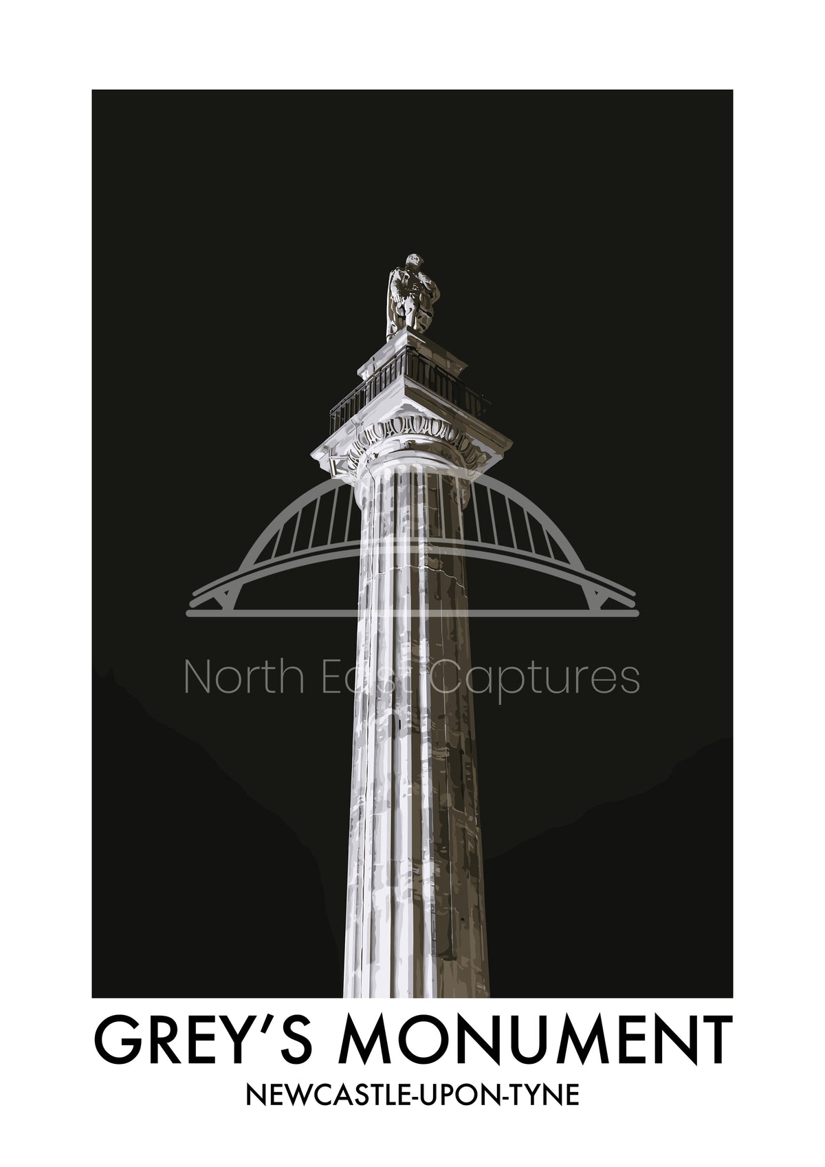 Grey's Monument Newcastle at Night vector artwork with landmark lettering and preview watermark