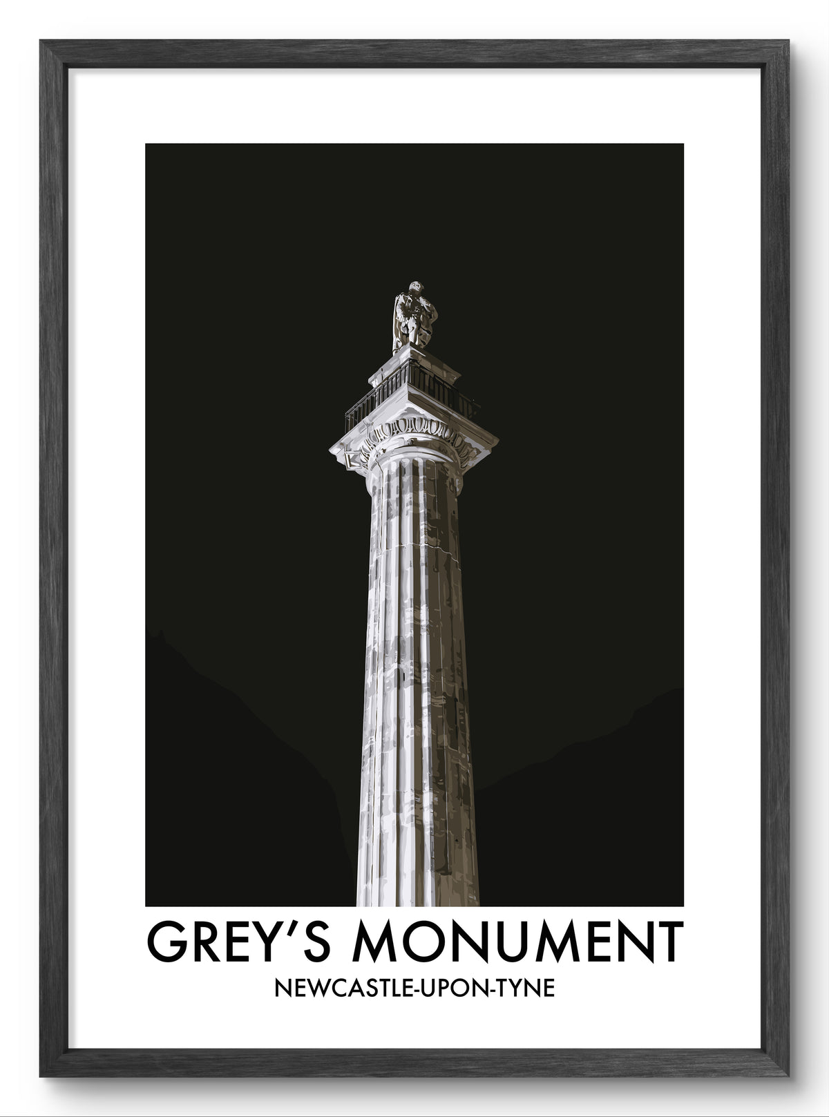 Grey's Monument Newcastle at Night vector art print shown in a black frame