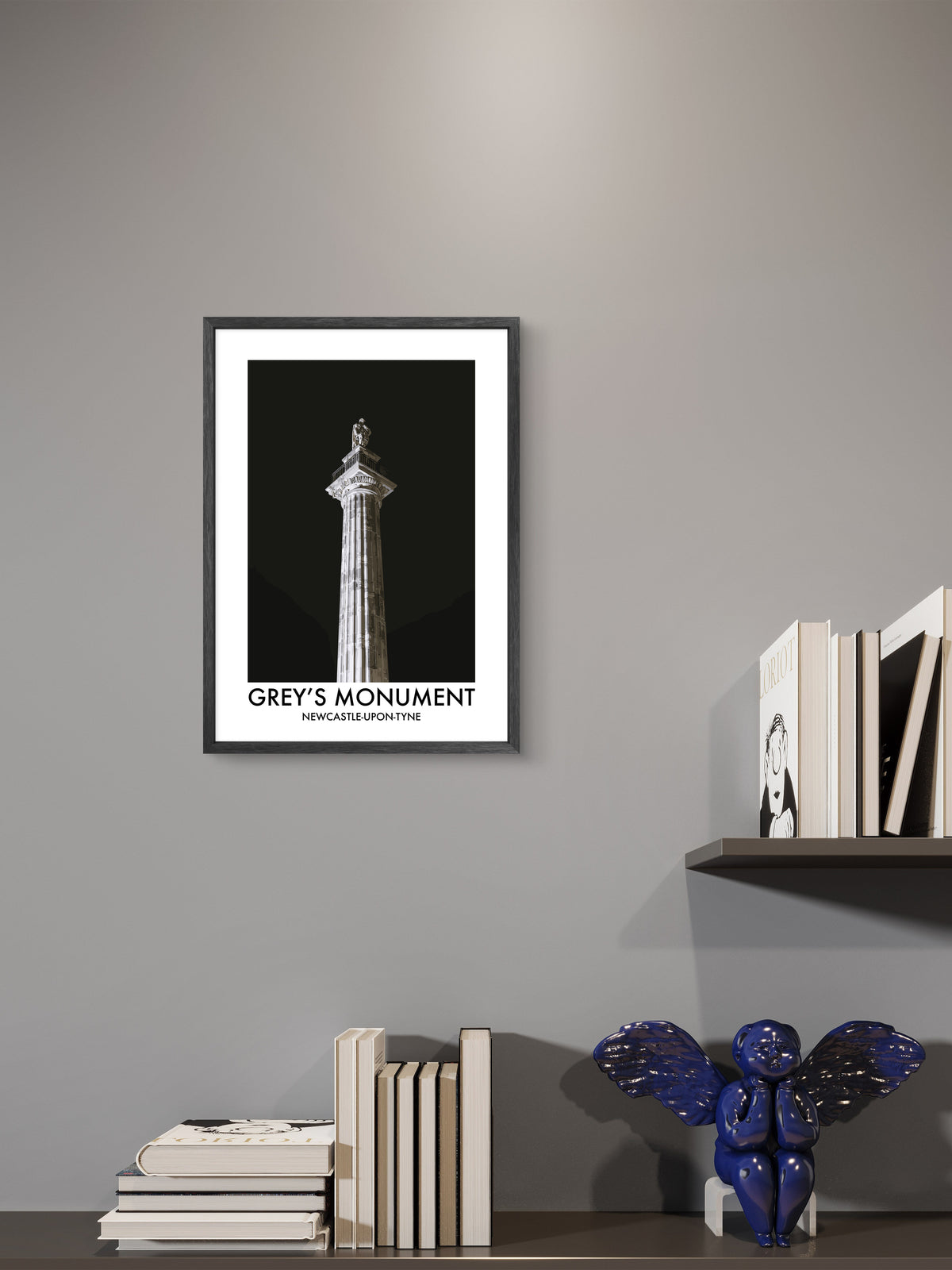 Grey's Monument Newcastle at Night framed vector art print displayed in a room setting