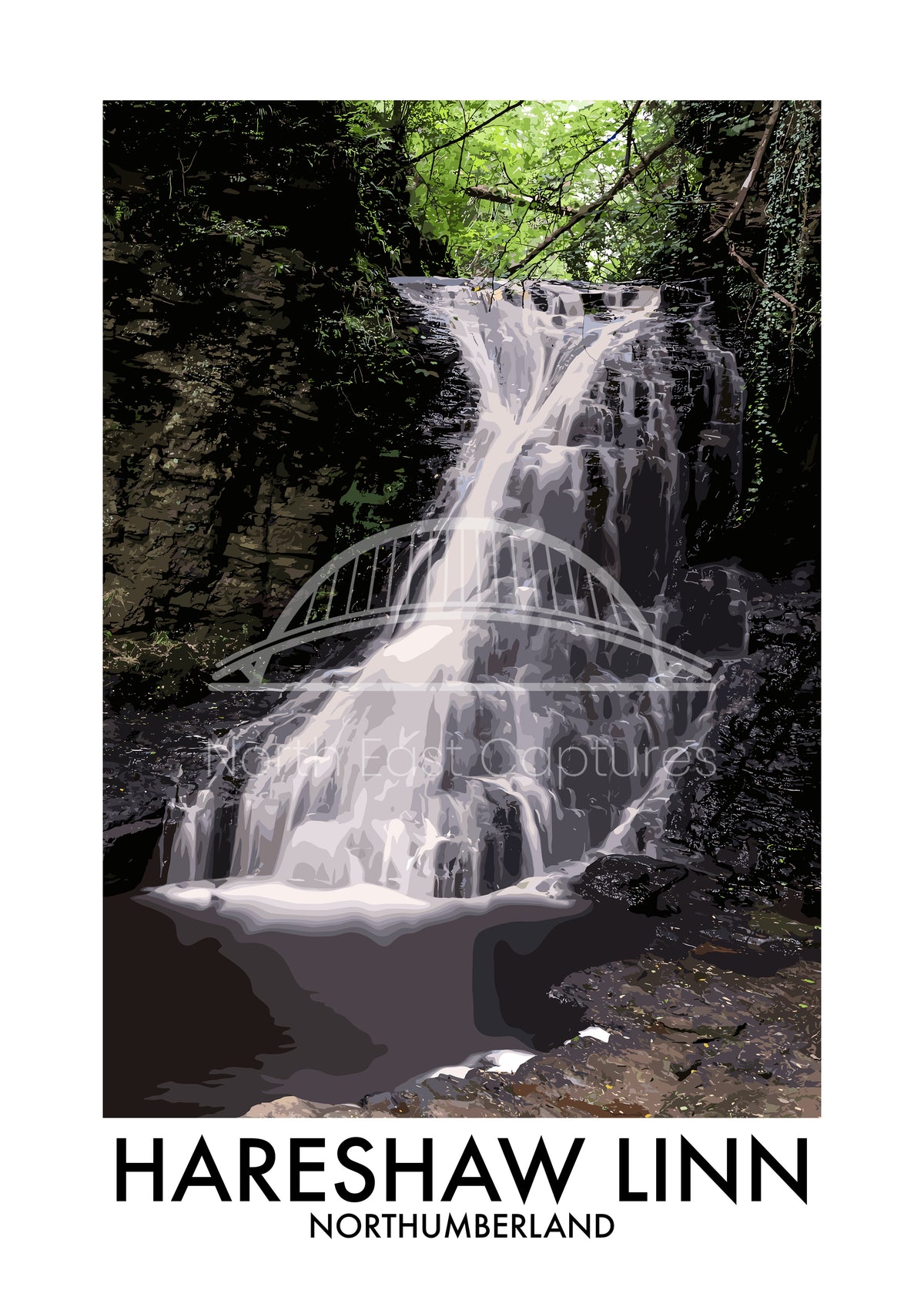 Hareshaw Linn Waterfall vector artwork with landmark lettering and preview watermark