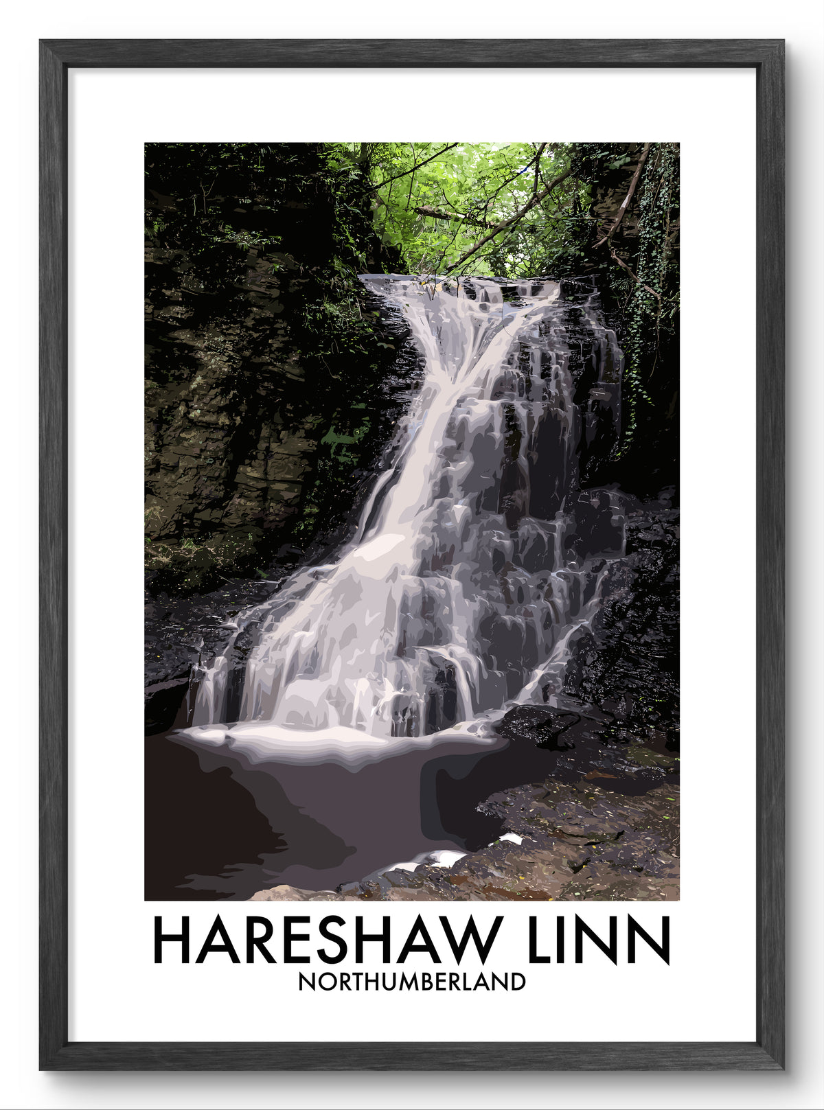Hareshaw Linn Waterfall vector art print shown in a black frame