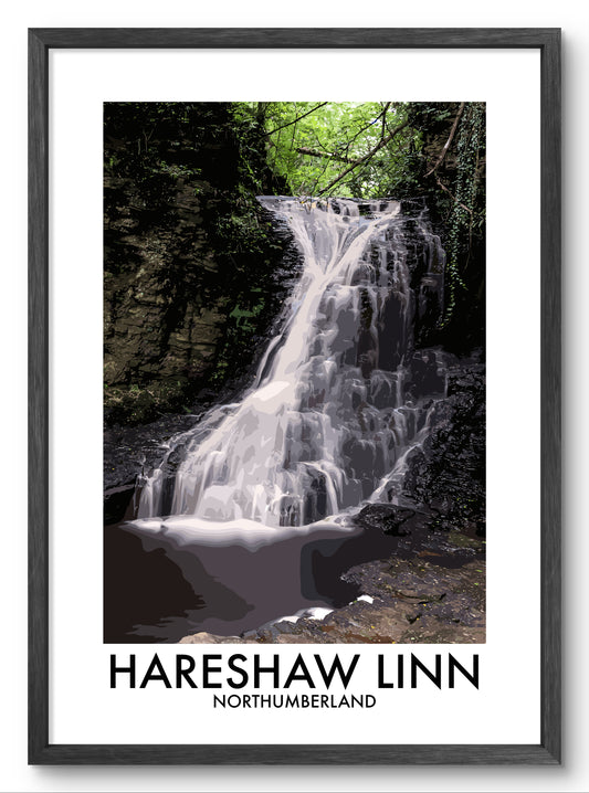 Hareshaw Linn Waterfall vector art print shown in a black frame
