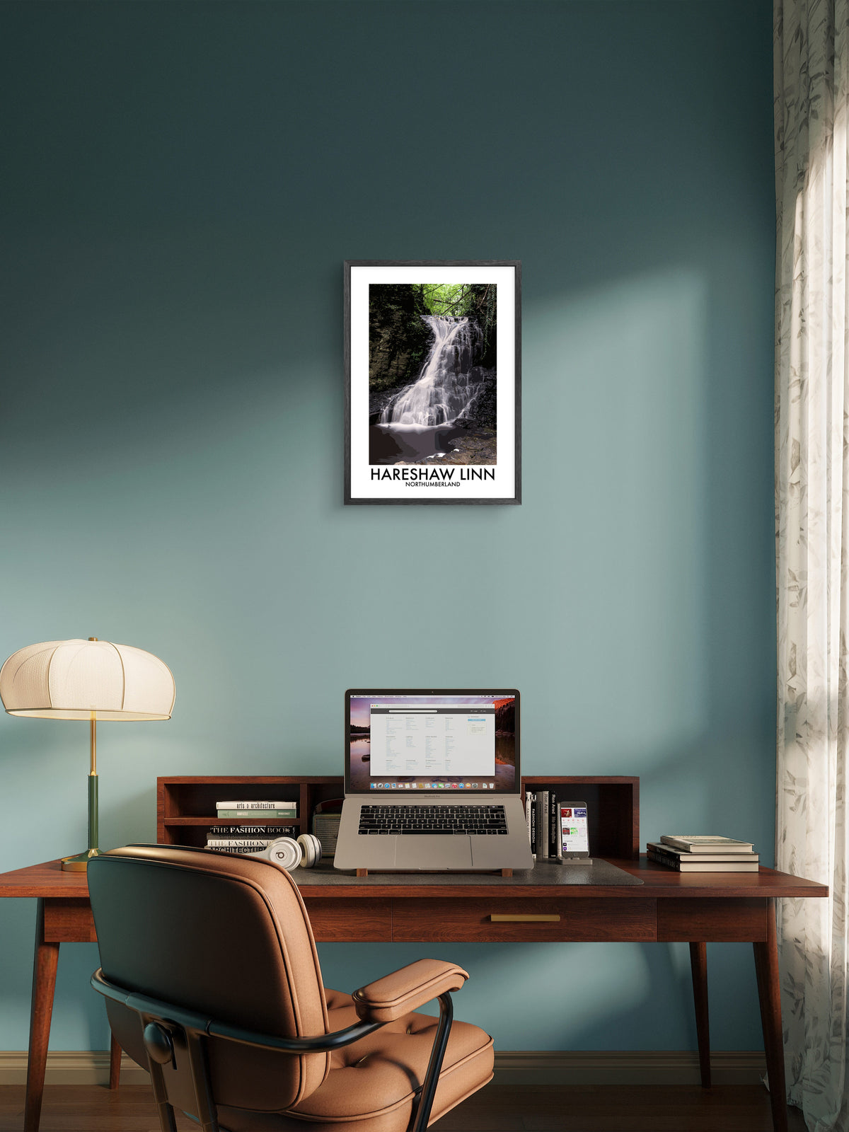 Hareshaw Linn Waterfall framed vector art print displayed in a room setting