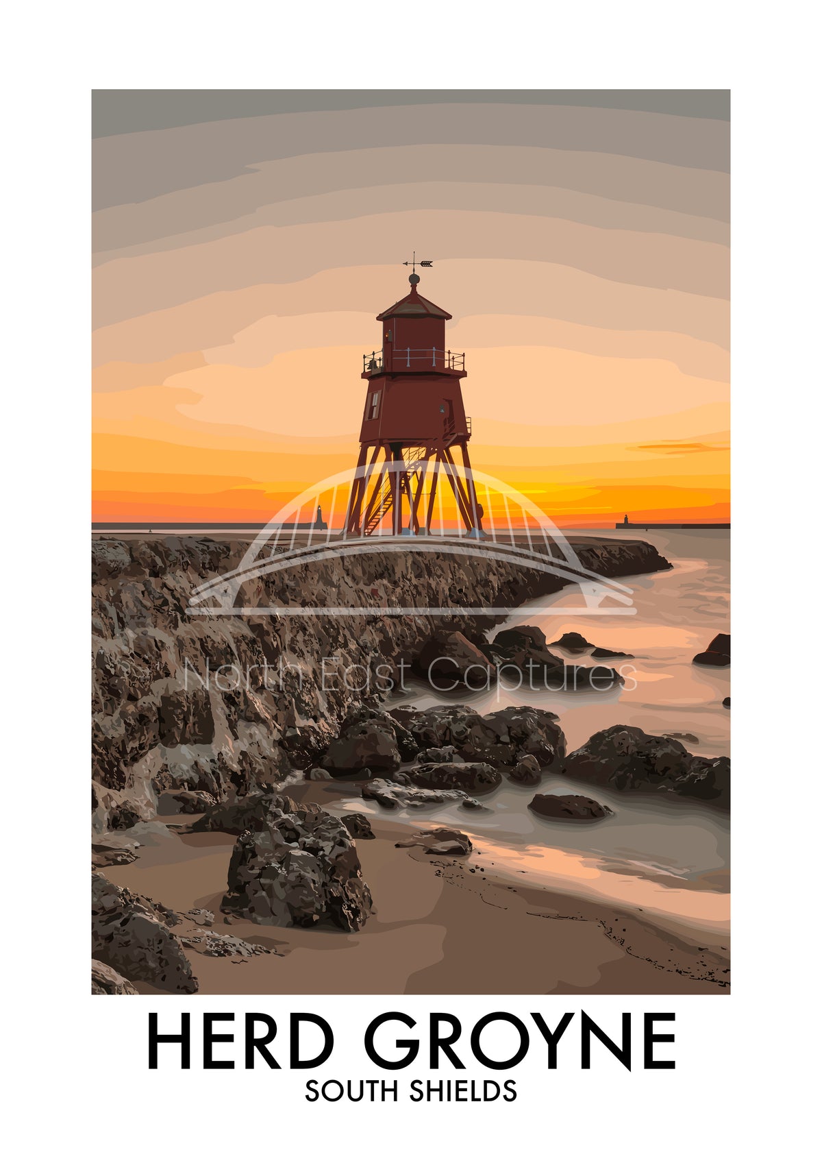 Herd Groyne Lighthouse Golden Sky vector artwork with landmark lettering and preview watermark