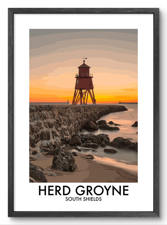 Herd Groyne Lighthouse Golden Sky vector art print shown in a black frame