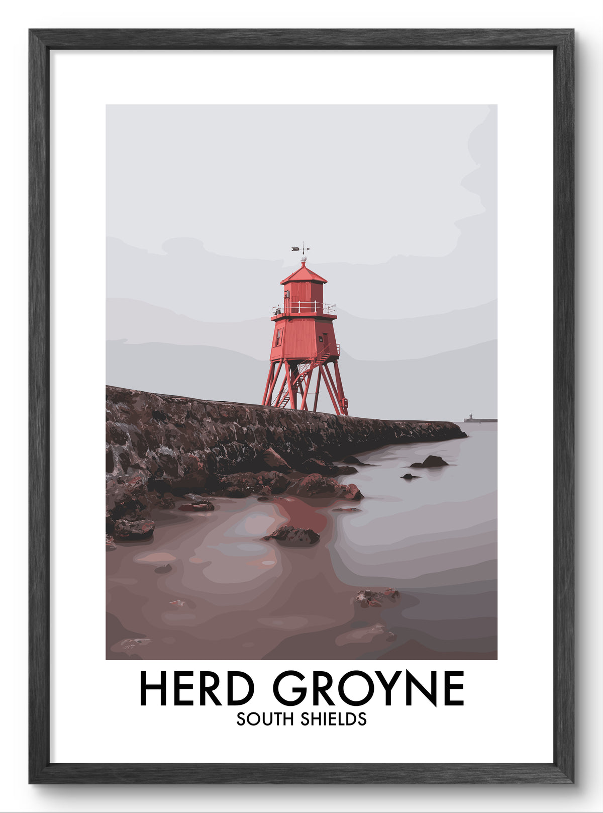 Herd Groyne Lighthouse Soft Coast vector art print shown in a black frame