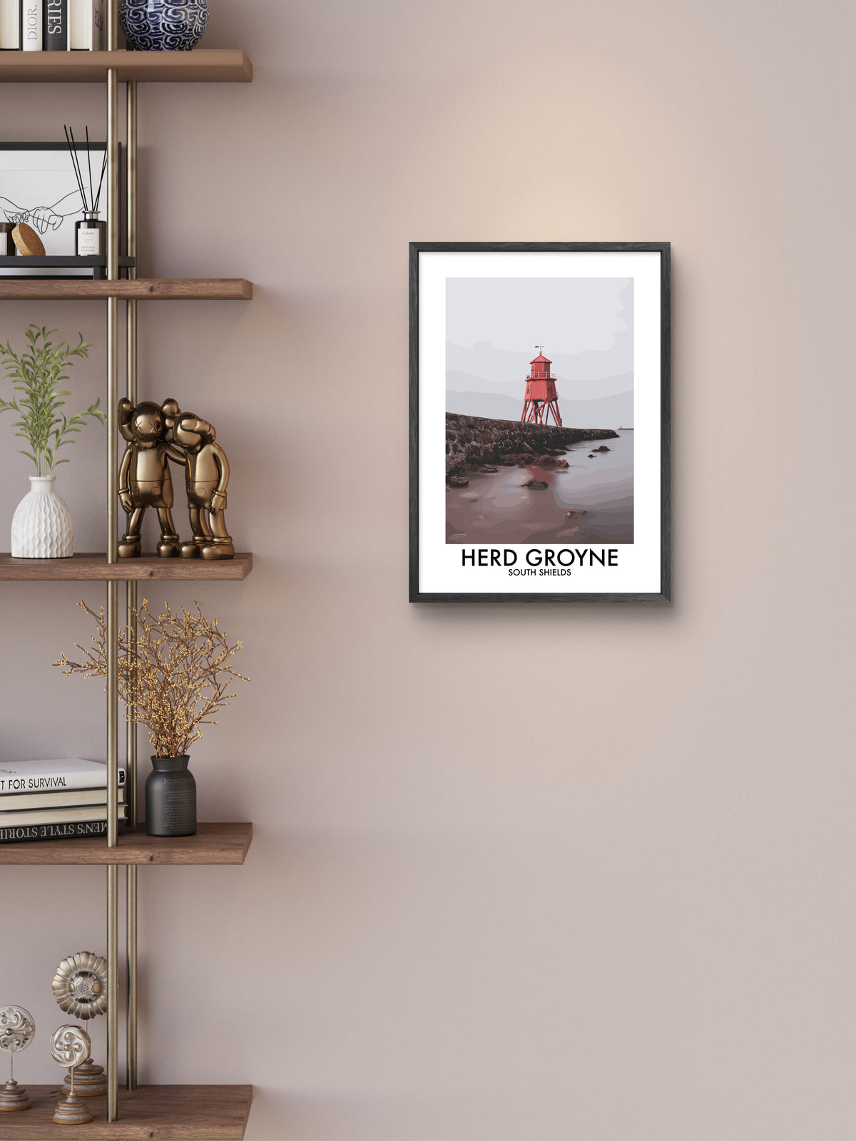 Herd Groyne Lighthouse Soft Coast framed vector art print displayed in a room setting