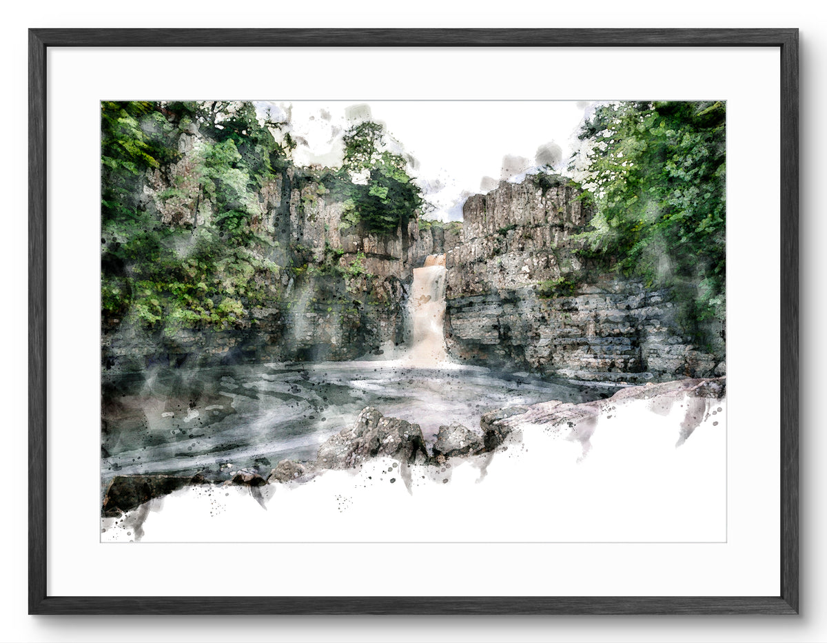High Force Waterfall, landscape digital watercolour shown in a black frame and white mount