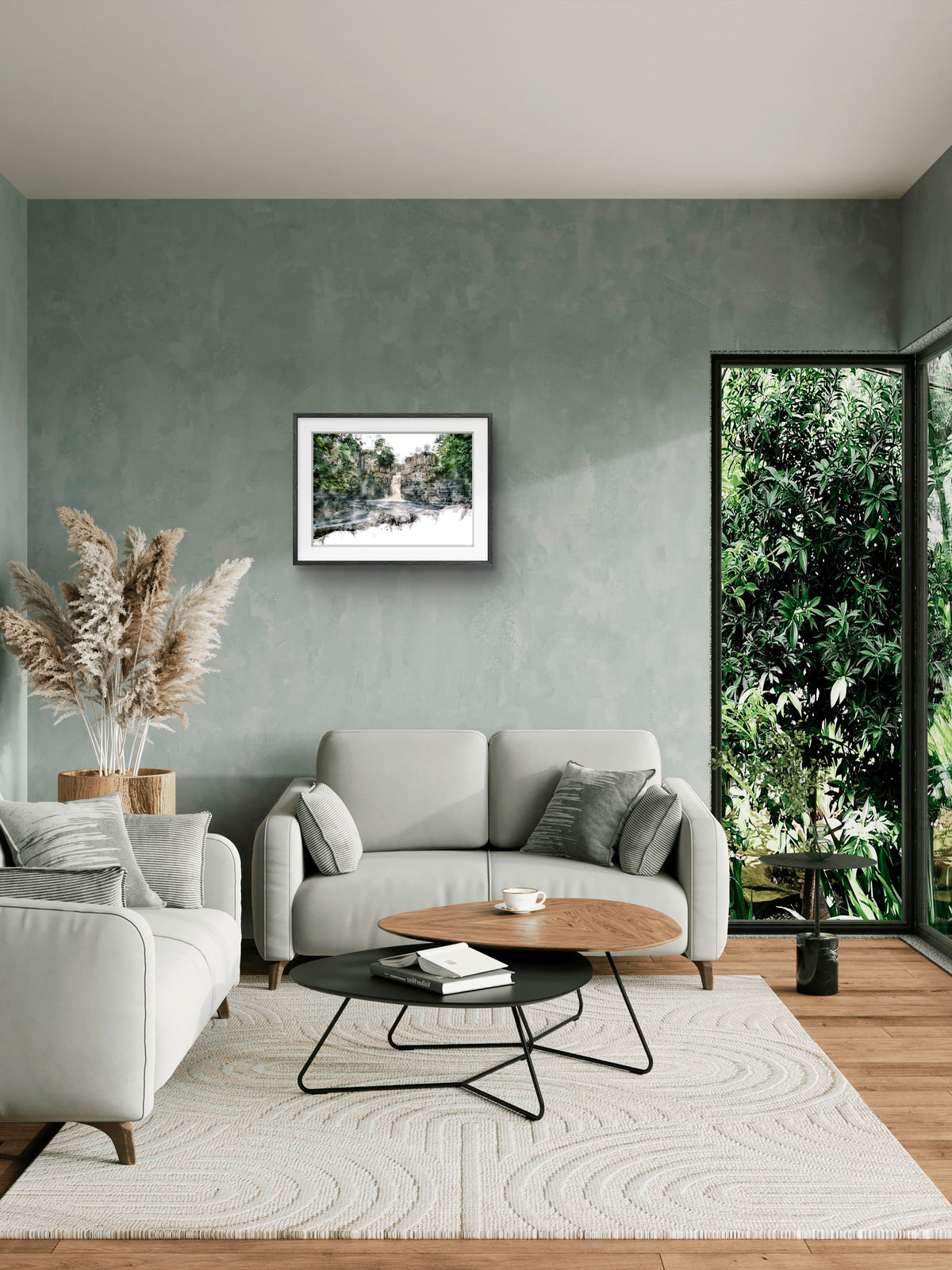 High Force Waterfall, landscape digital watercolour displayed in a room mockup