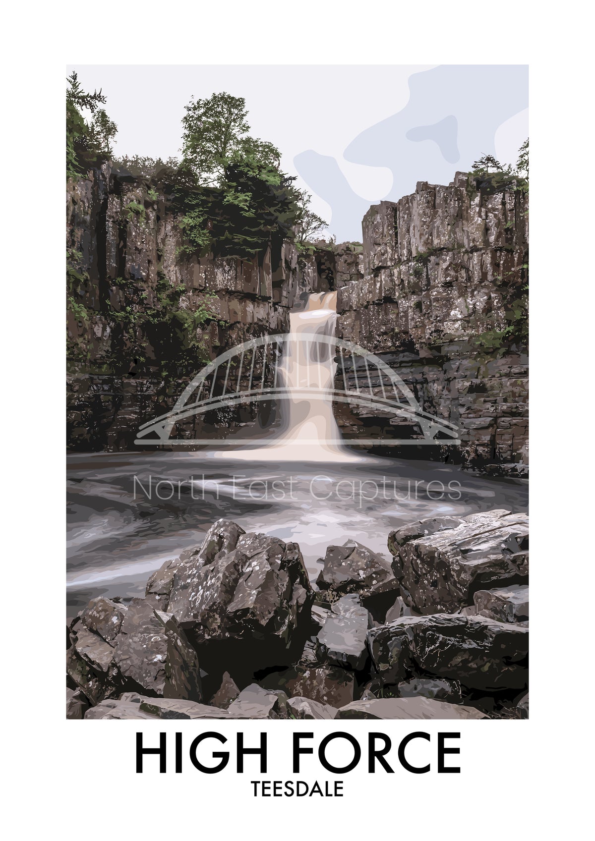 High Force Waterfall Teesdale vector artwork with landmark lettering and preview watermark