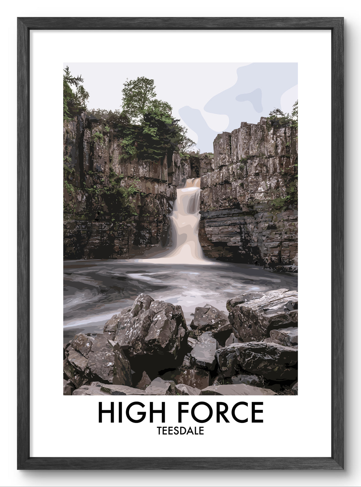 High Force Waterfall Teesdale vector art print shown in a black frame