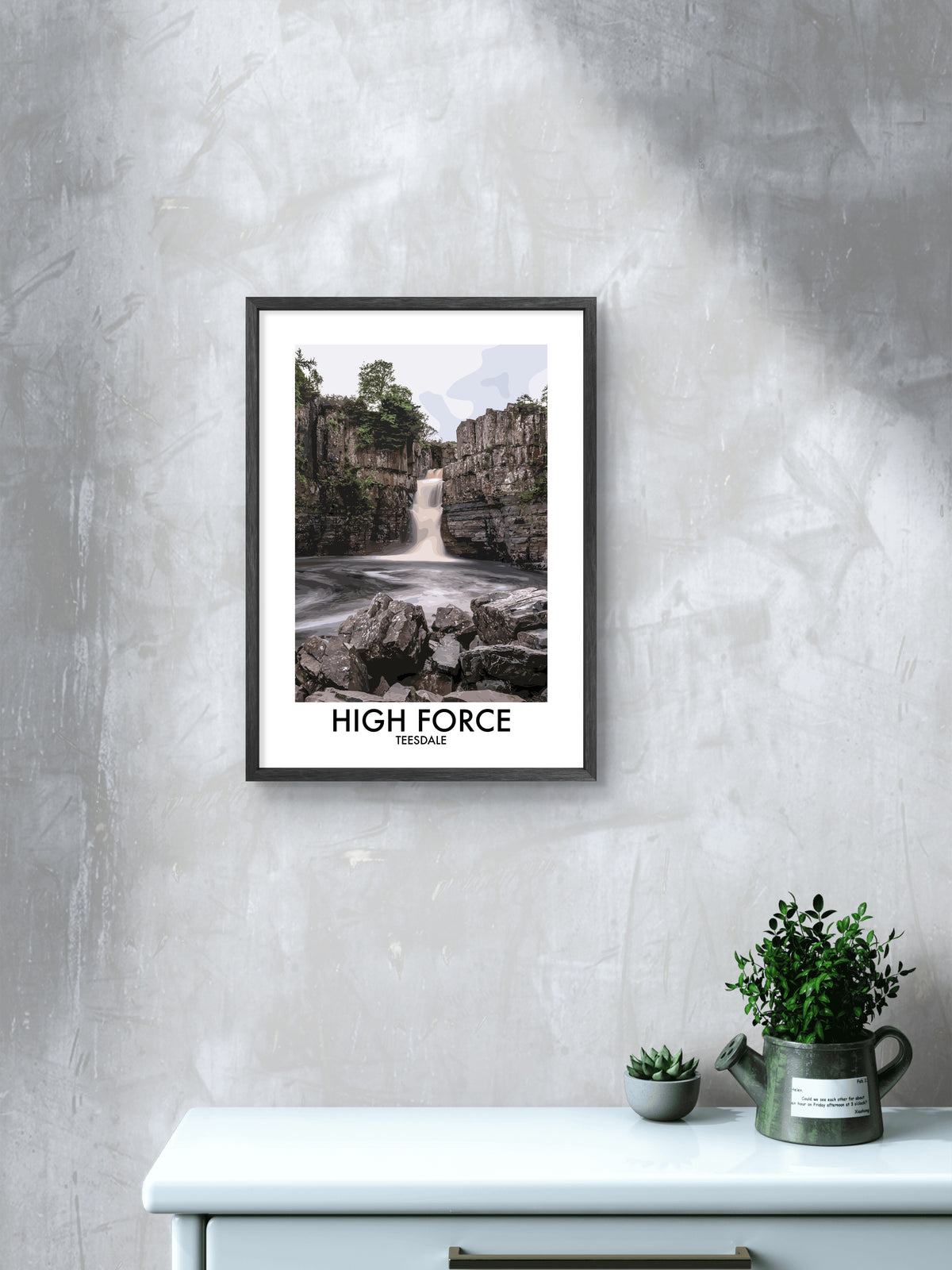 High Force Waterfall Teesdale framed vector art print displayed in a room setting
