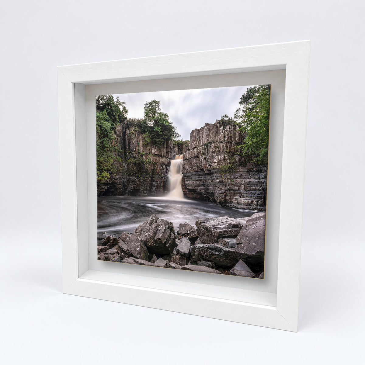 High Force Waterfall on an 8×8 inch ceramic tile in a white box frame, angled view