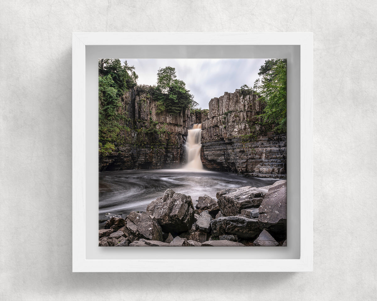 High Force Waterfall on an 8×8 inch ceramic tile in a white box frame, front view