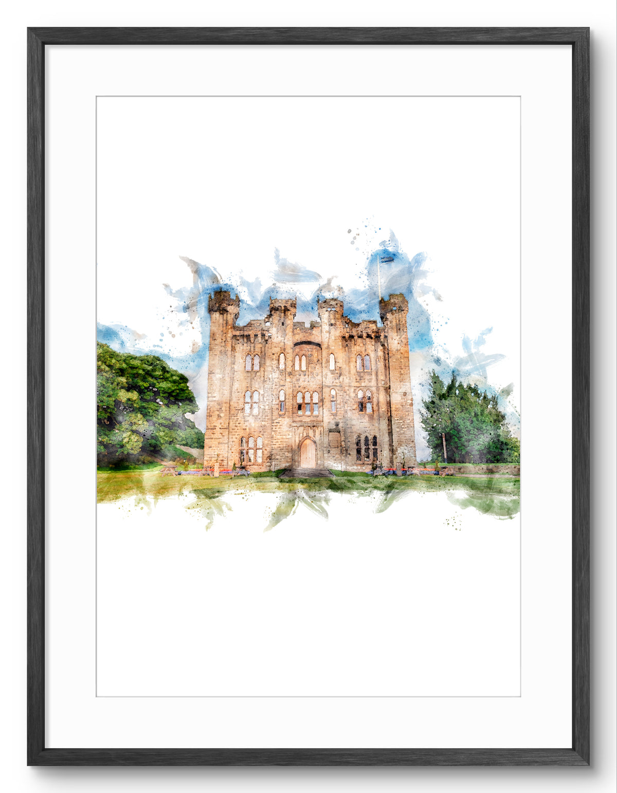 Hylton Castle, portrait digital watercolour shown in a black frame and white mount