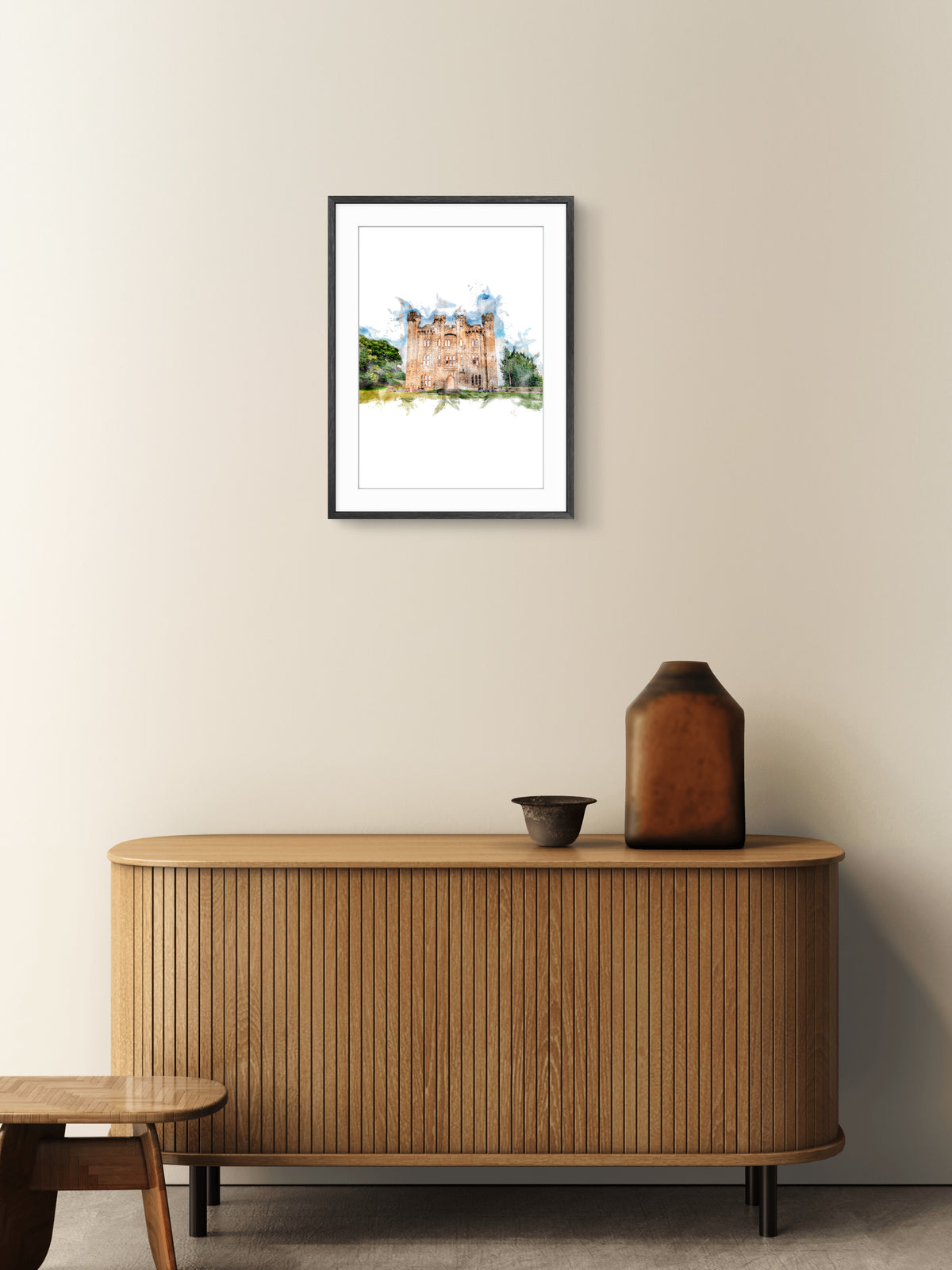 Hylton Castle, portrait digital watercolour displayed in a room mockup
