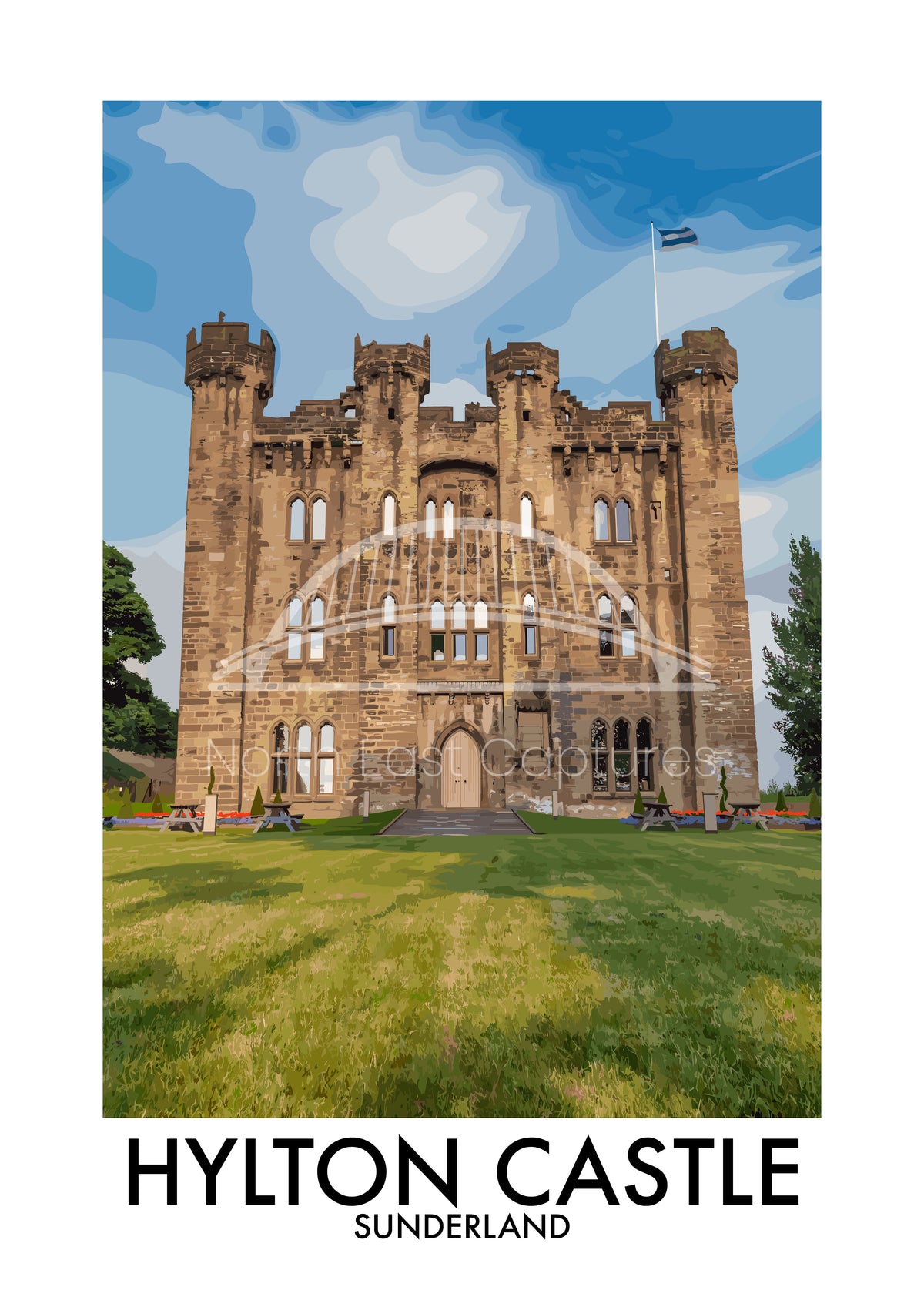 Hylton Castle Sunderland vector artwork with landmark lettering and preview watermark