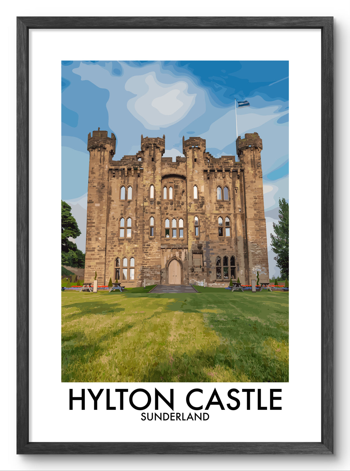 Hylton Castle Sunderland vector art print shown in a black frame