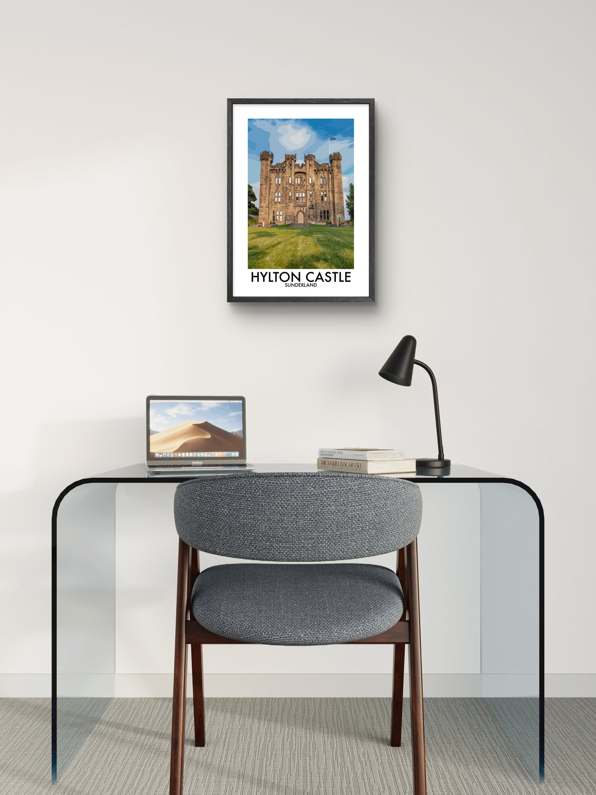 Hylton Castle Sunderland framed vector art print displayed in a room setting