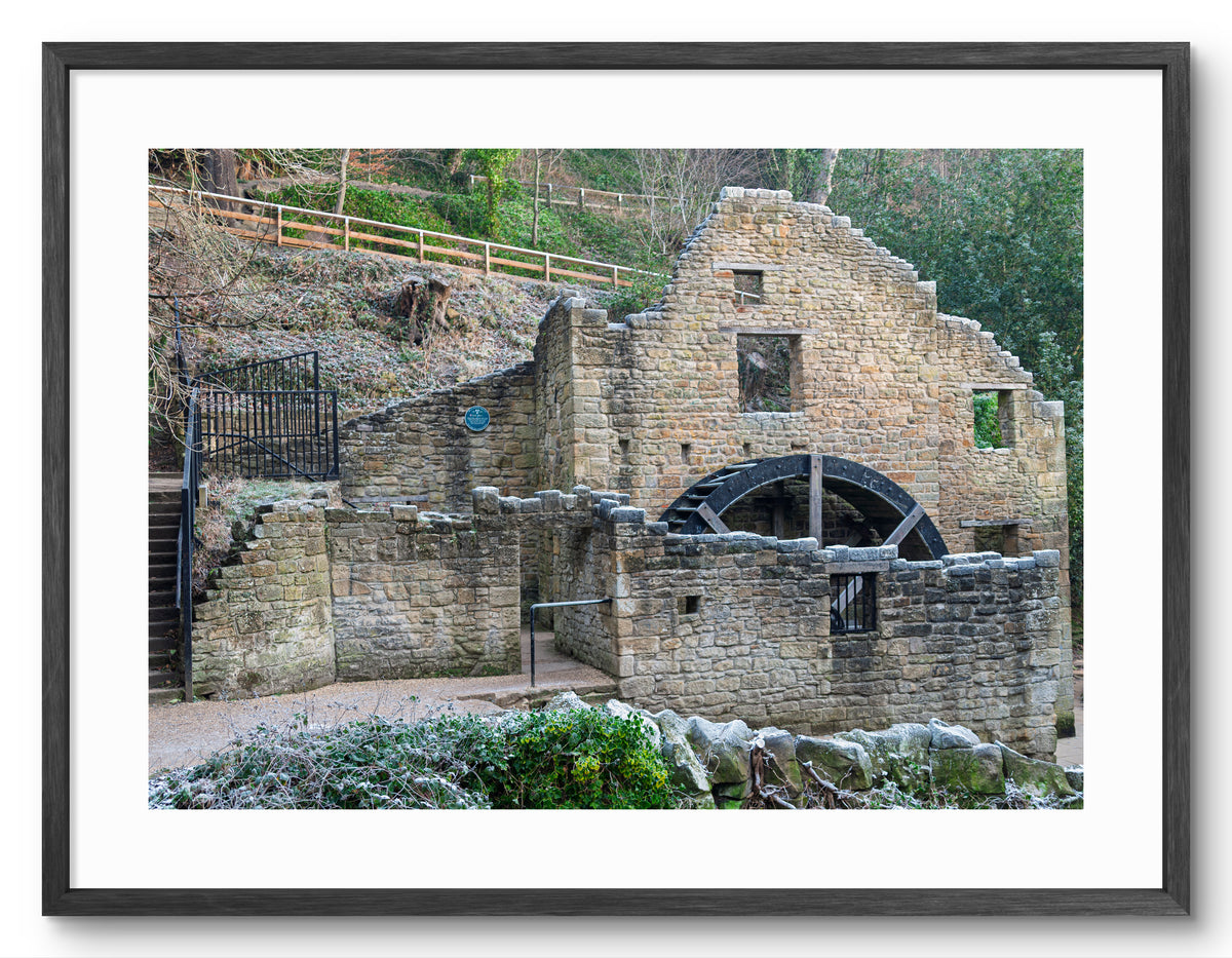 Jesmond Dene Old Mill & Waterwheel — black frame with white mount