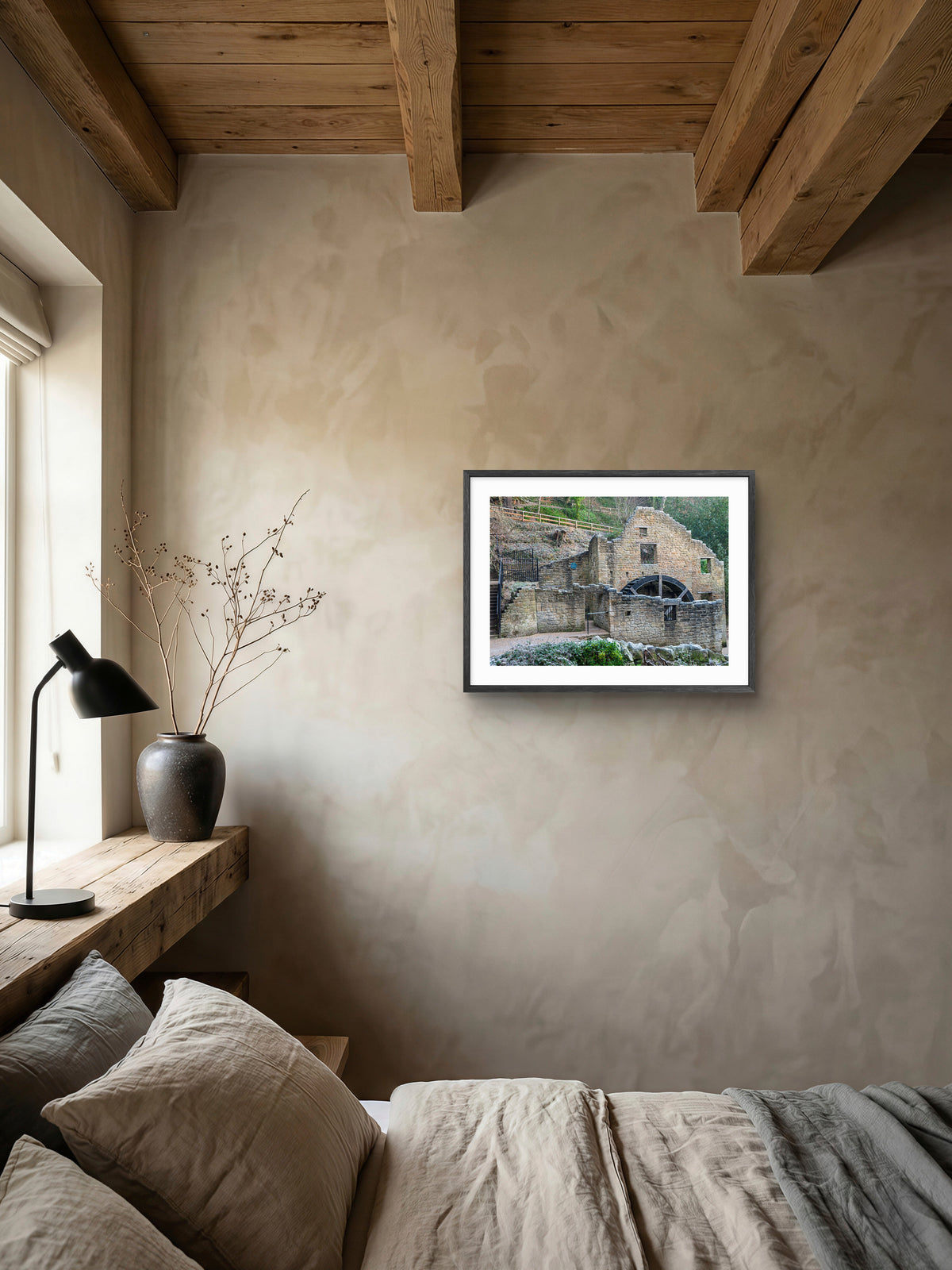 Jesmond Dene Old Mill & Waterwheel — framed artwork shown in a room