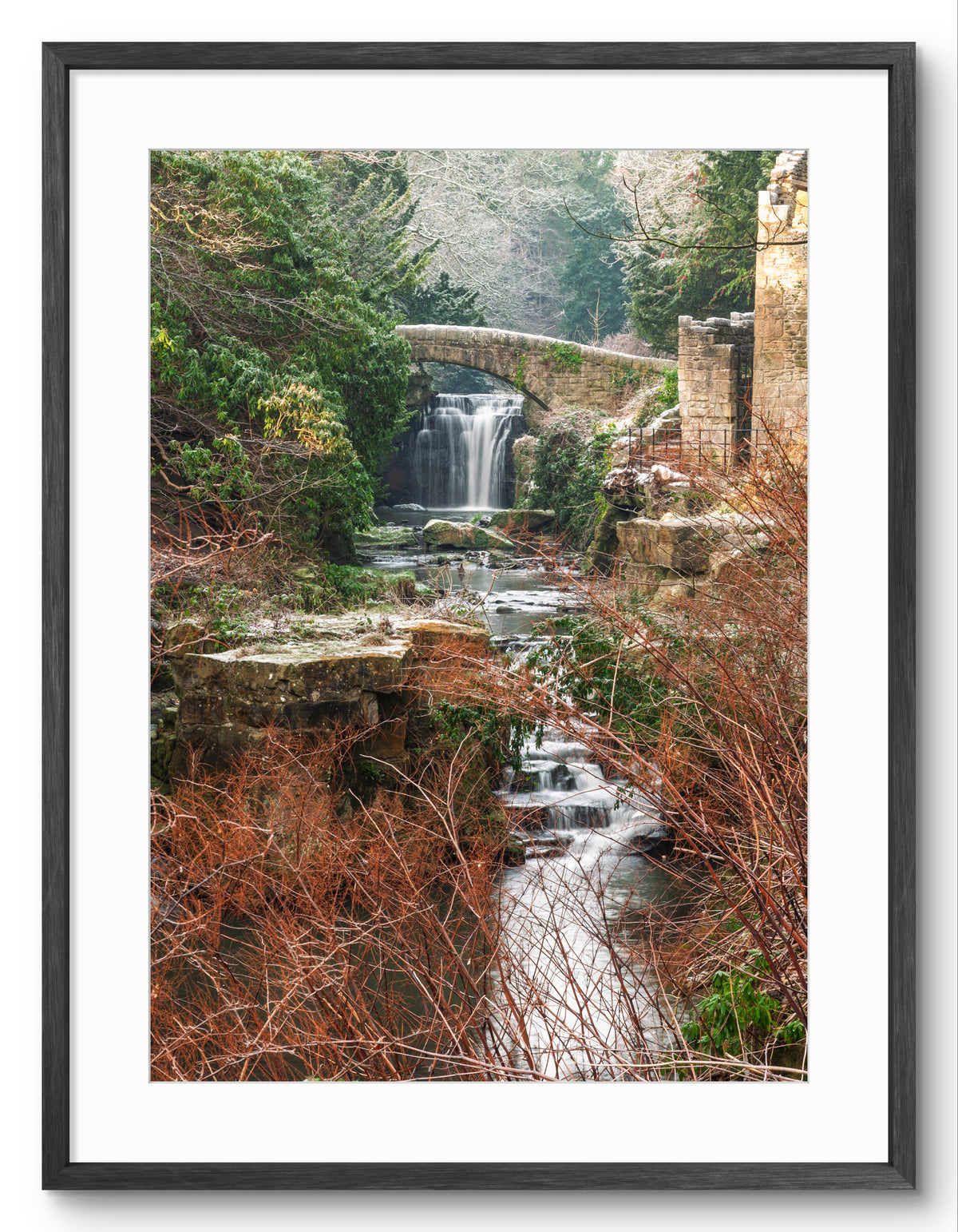 Jesmond Dene Waterfall & Stone Bridge Portrait — black frame with white mount