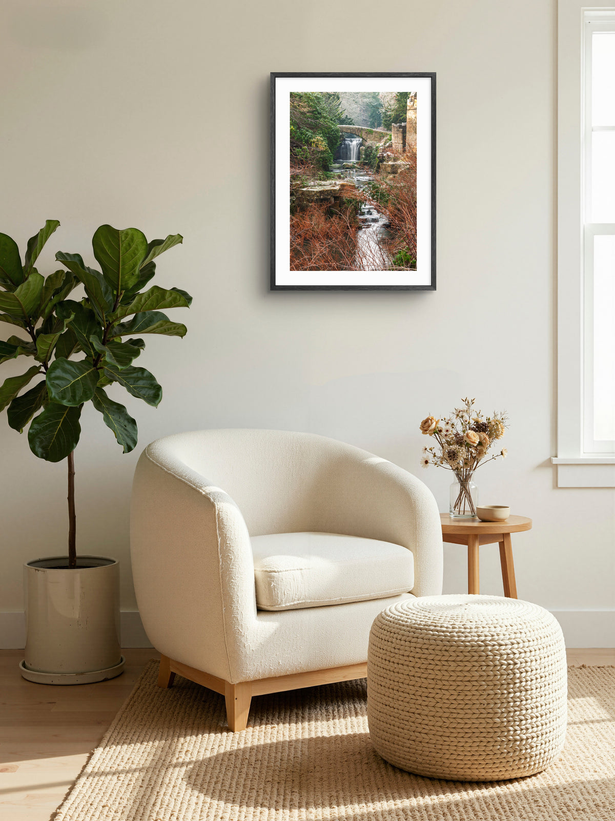 Jesmond Dene Waterfall & Stone Bridge Portrait — framed artwork shown in a room