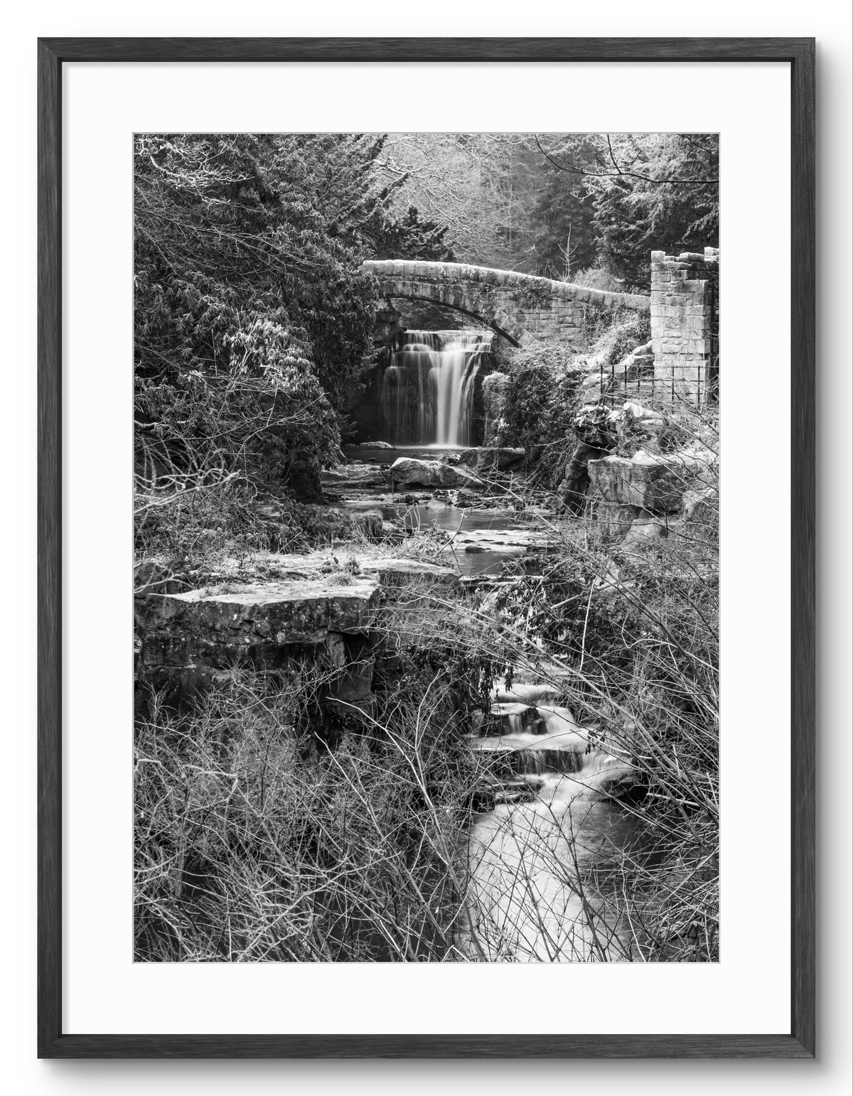 Jesmond Dene Waterfall Black & White Portrait — black frame with white mount