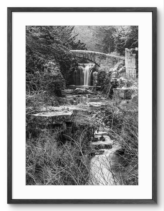 Jesmond Dene Waterfall Black & White Portrait — black frame with white mount