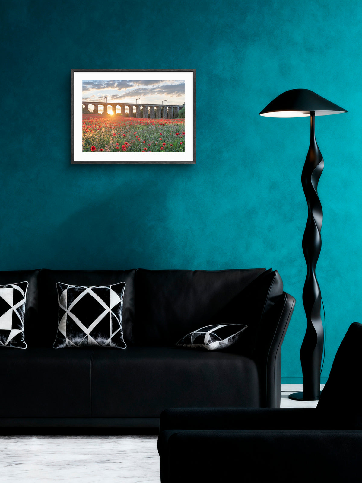 Lesbury Viaduct & Poppy Sunburst — framed artwork shown in a room