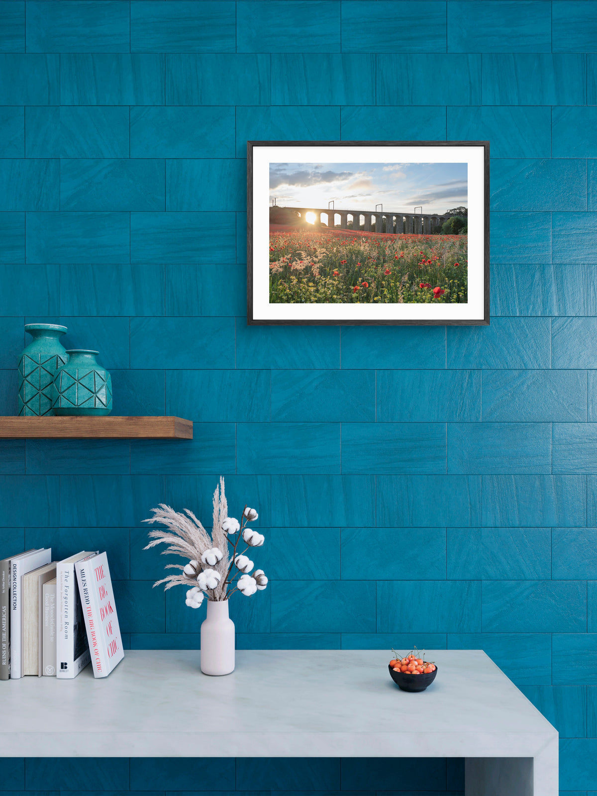 Lesbury Viaduct Poppy Field Sunset — framed artwork shown in a room
